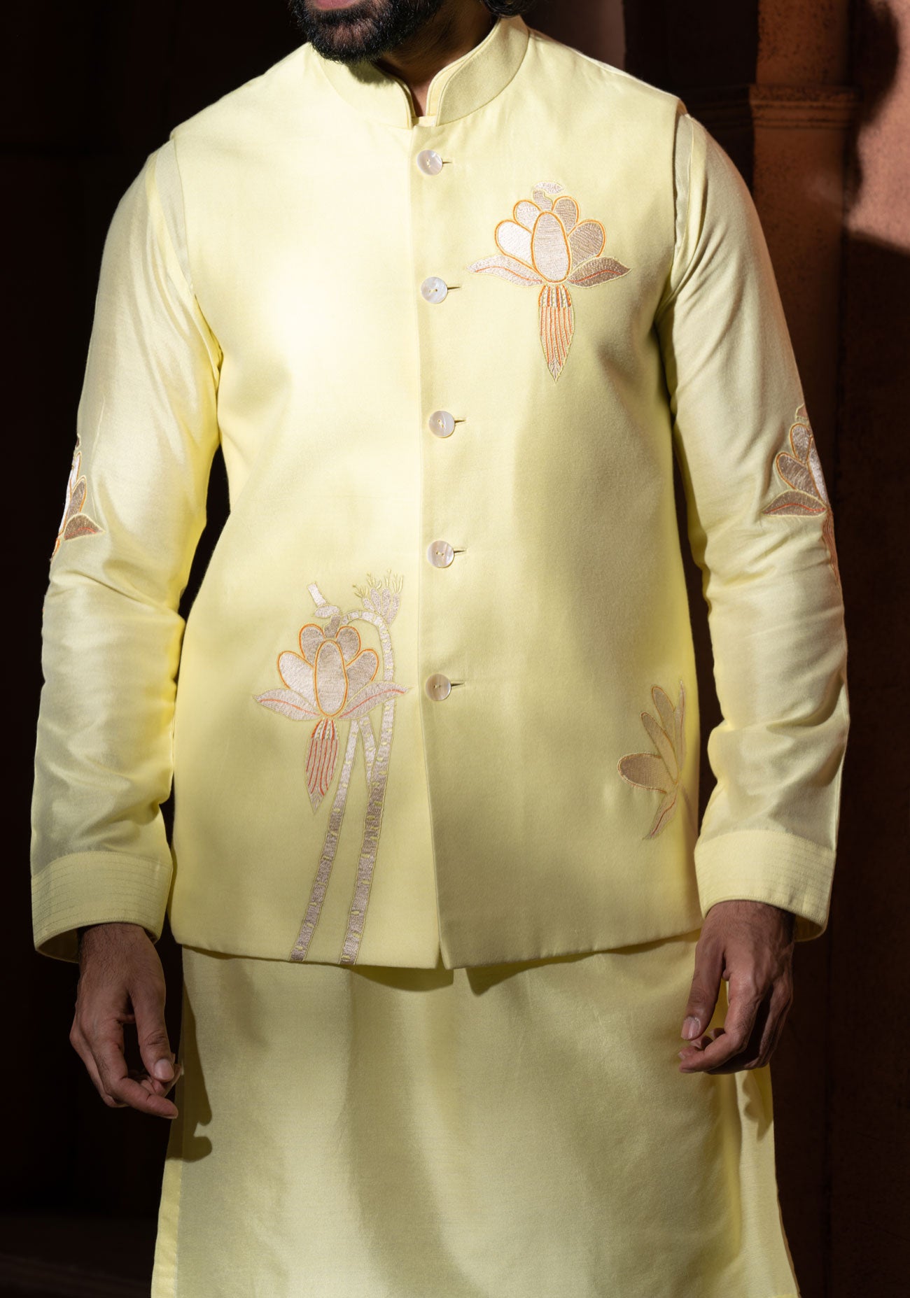 Yellow Floral Embroidered Nehru Jacket Set
