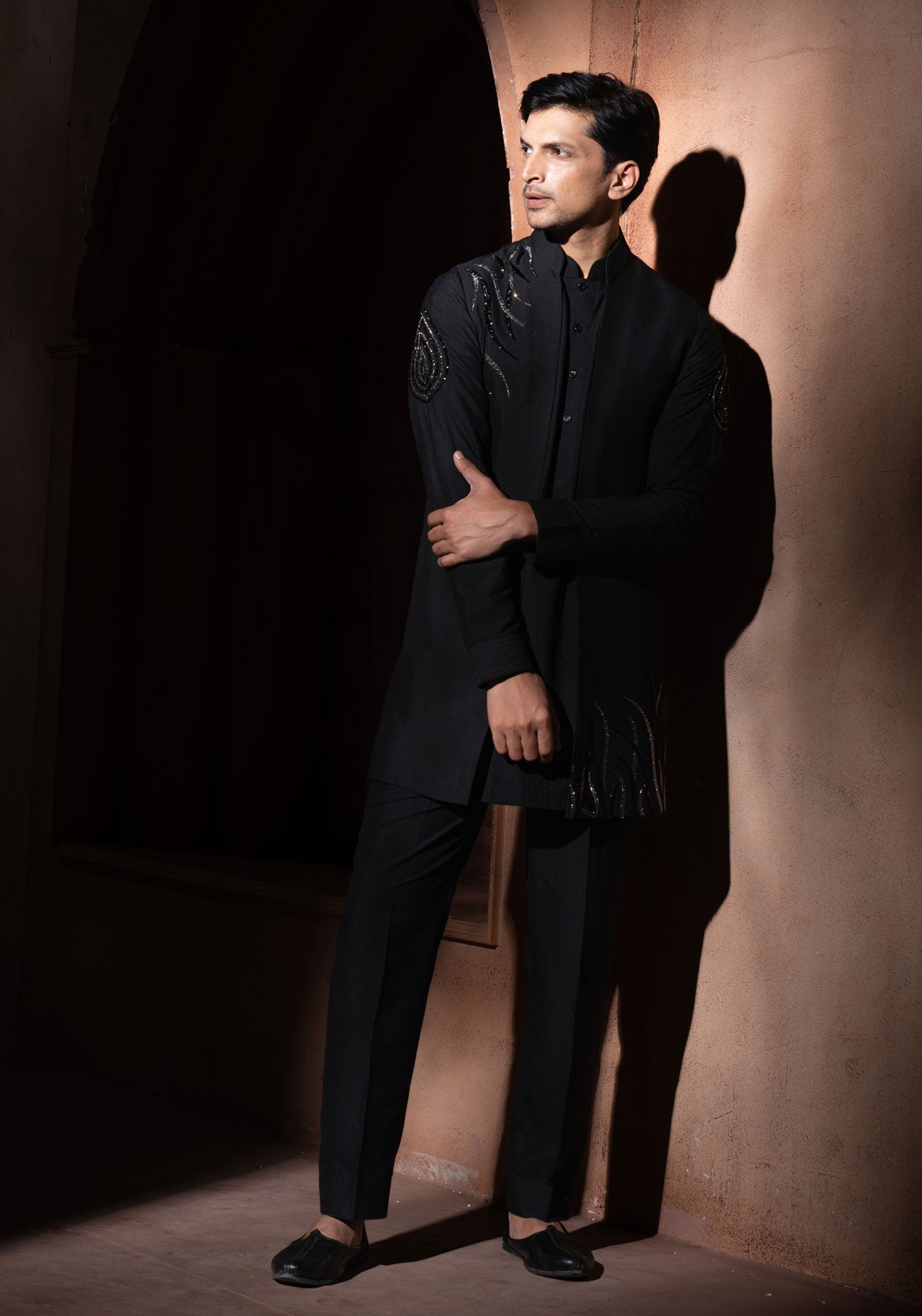 Black Nehru Jacket With Silver Embroidery Set