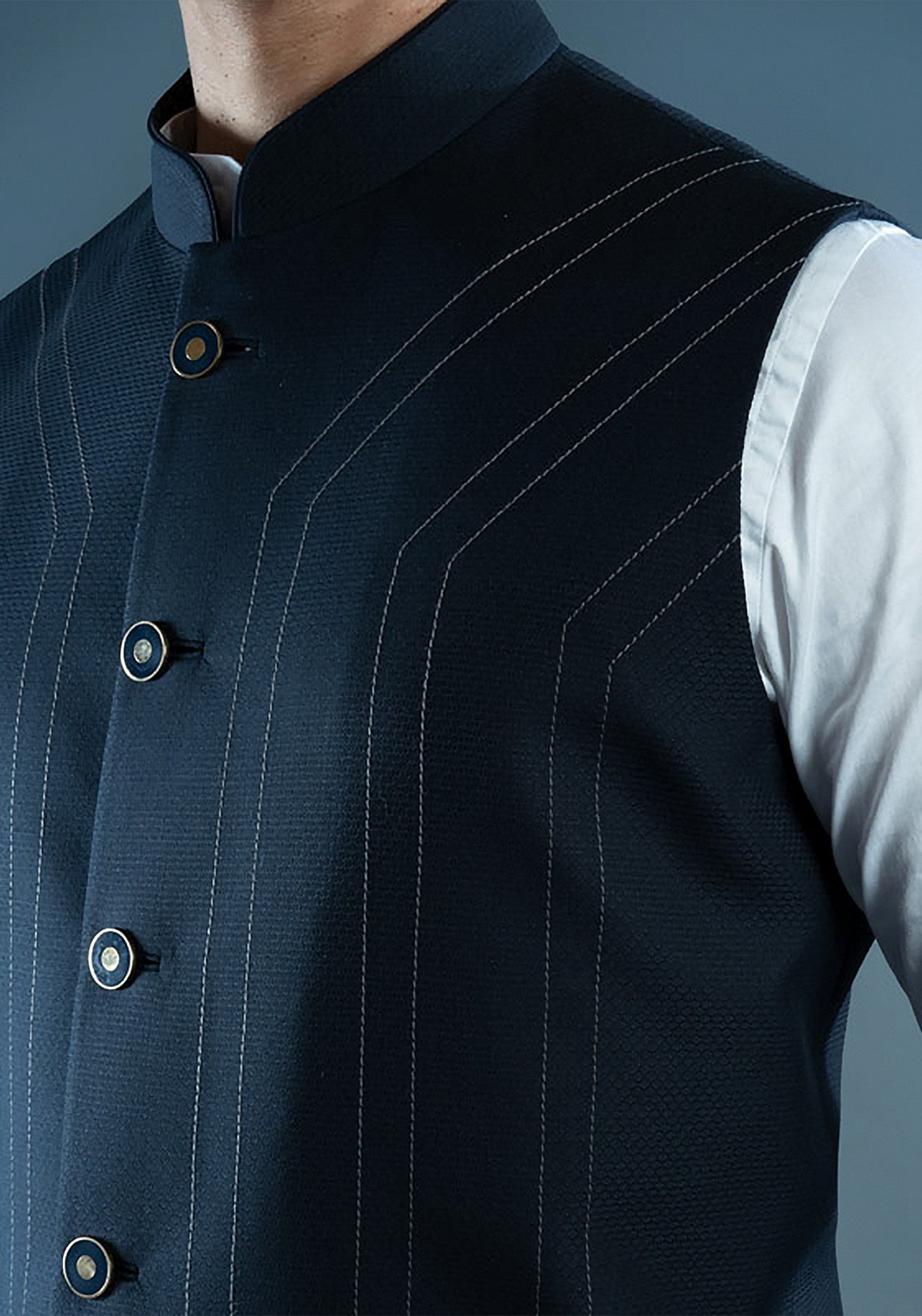 Navy Blue Textured Nehru Jacket