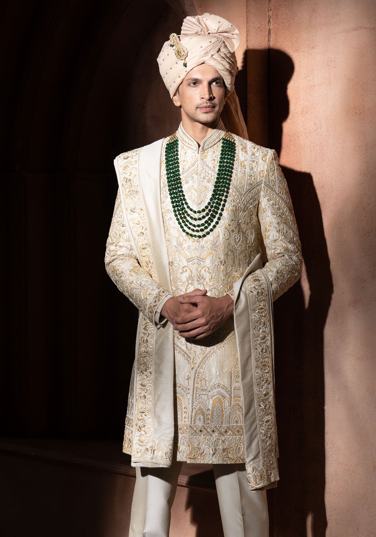 Cream & Gold Hand Embroidered Sherwani