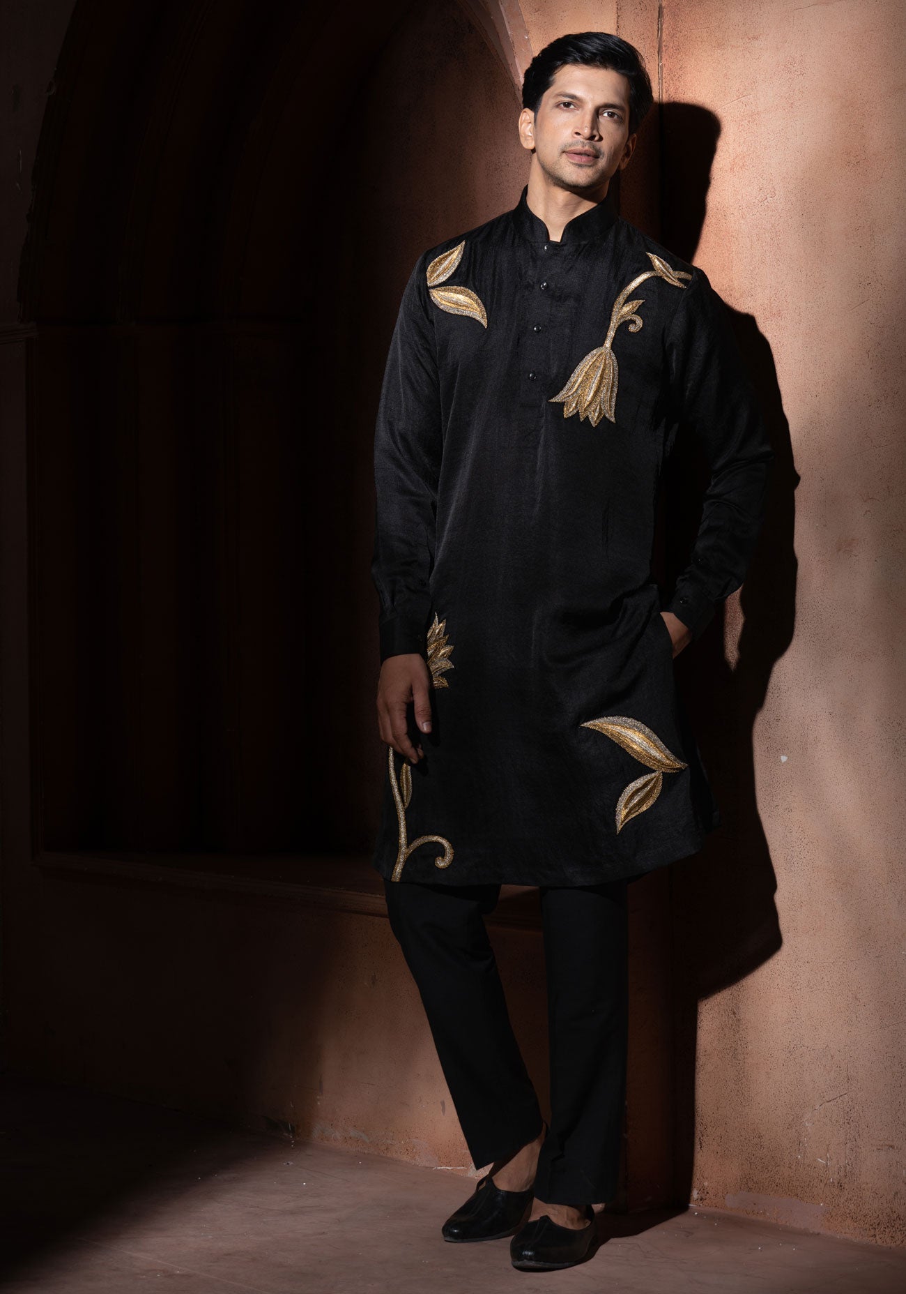 Black & Gold 3D Embroidered Kurta Set
