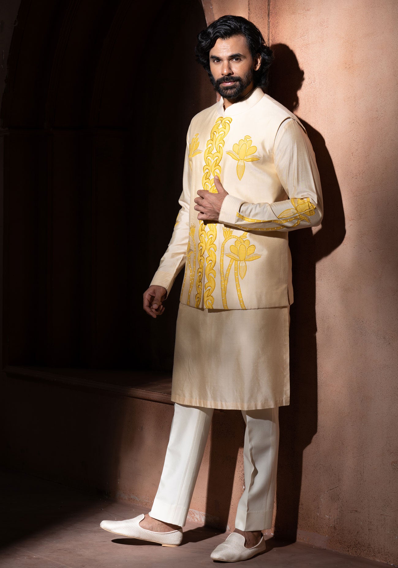 Beige & Yellow Embroidered Nehru Jacket Set