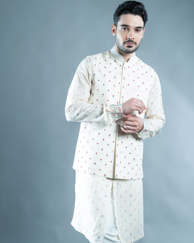 Cream Floral Printed Nehru Jacket Set