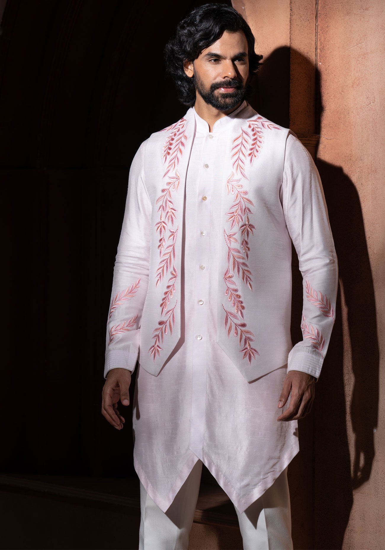 Baby Pink Embroidered Nehru Jacket Set