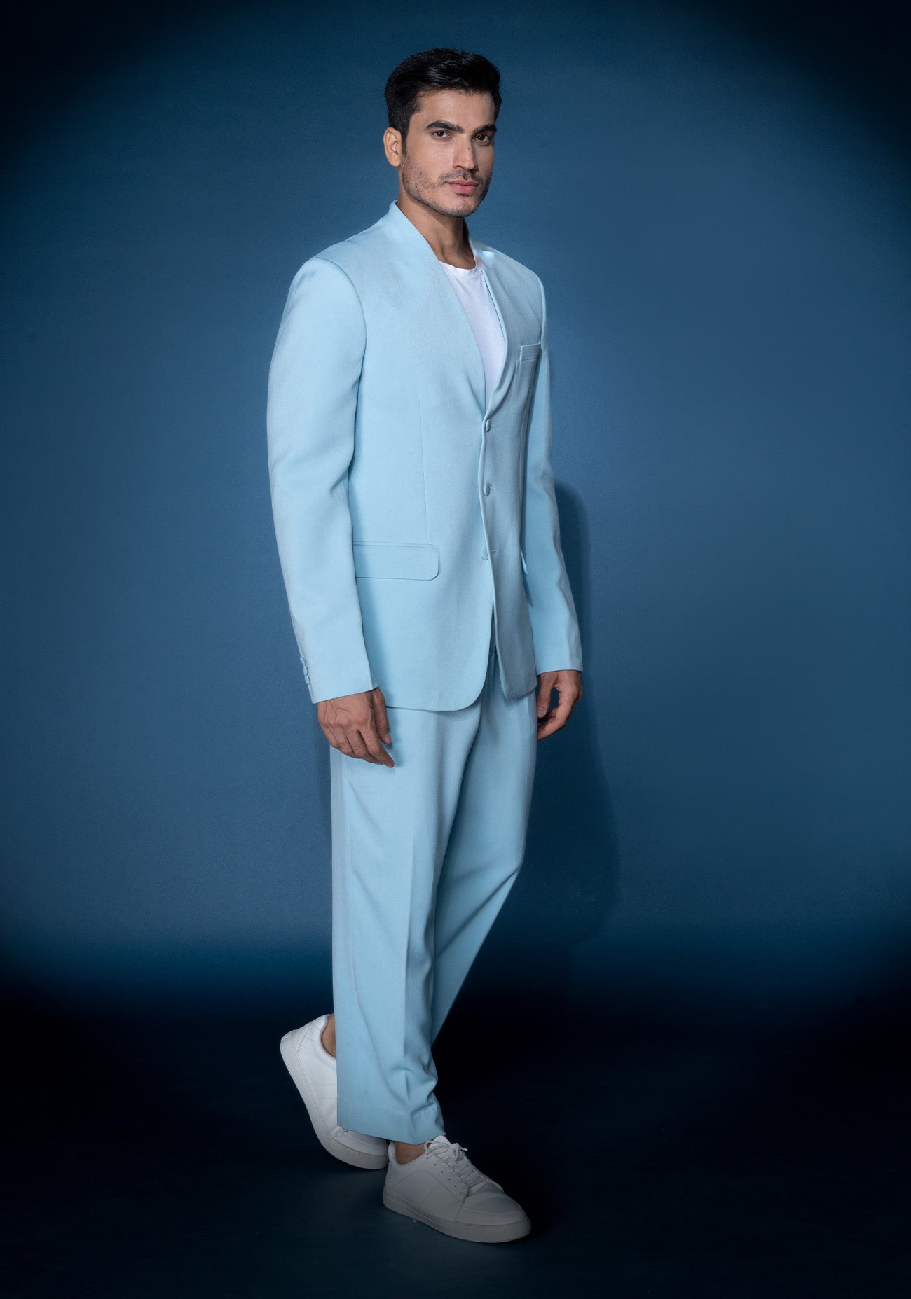 Sky blue collarless jacket set