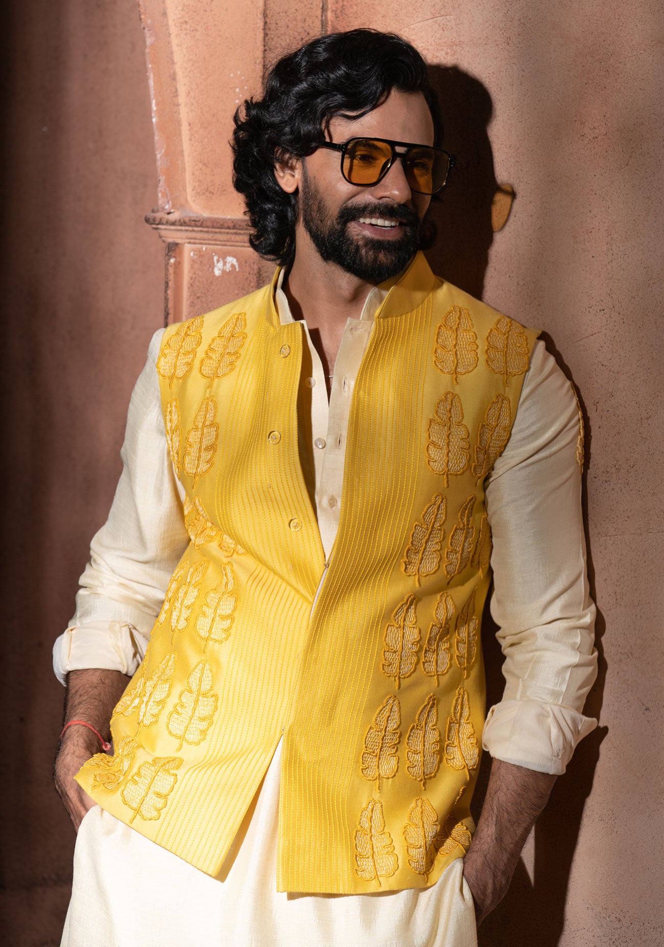Yellow Embroidered Nehru Jacket Set