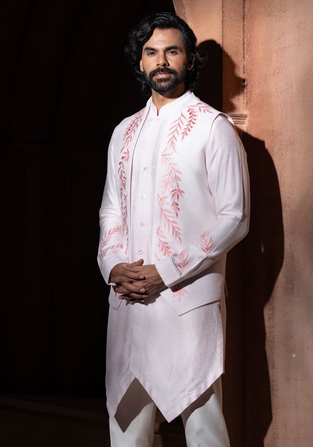 Baby Pink Embroidered Nehru Jacket Set