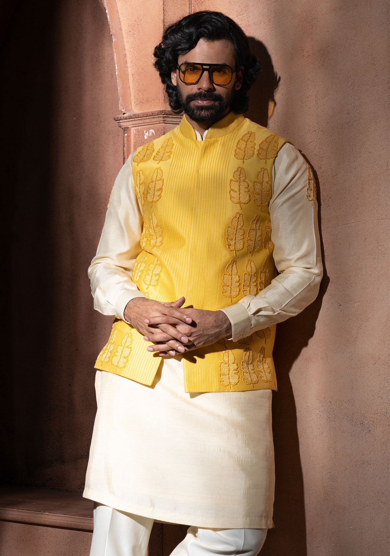 Yellow Embroidered Nehru Jacket Set
