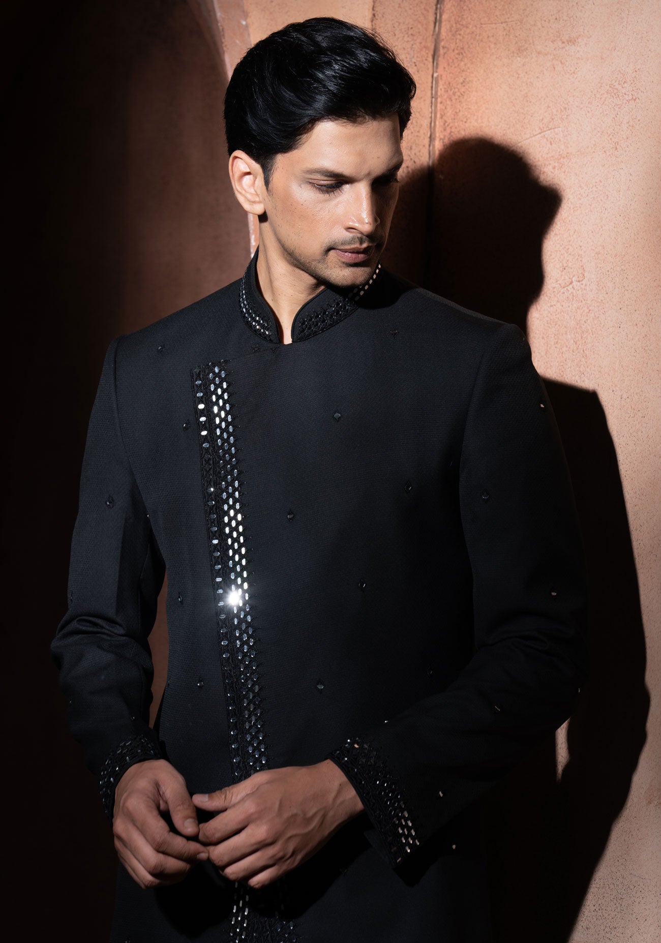 Black Mirror Work Embroidered Sherwani