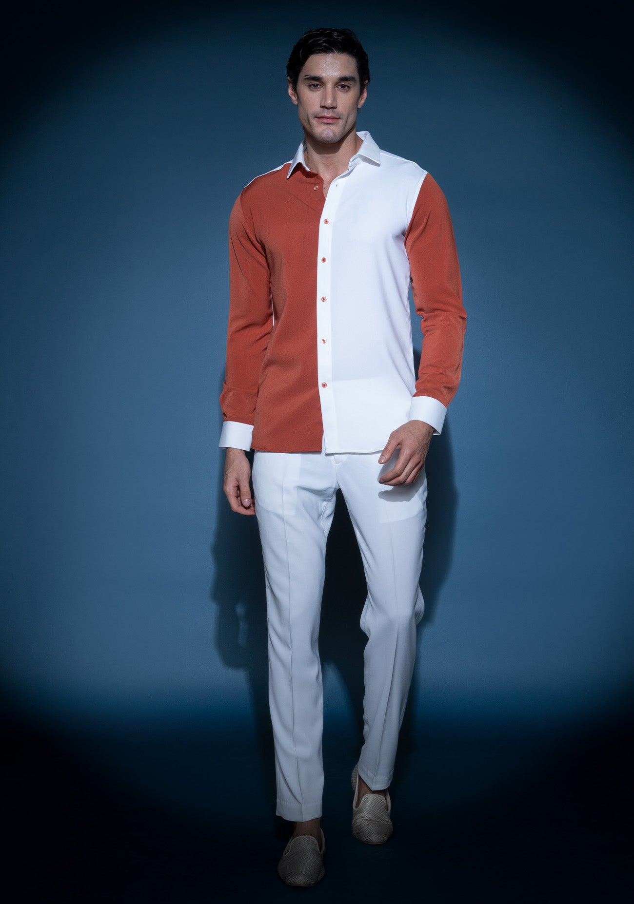 White & Burnt Orange colour block shirt