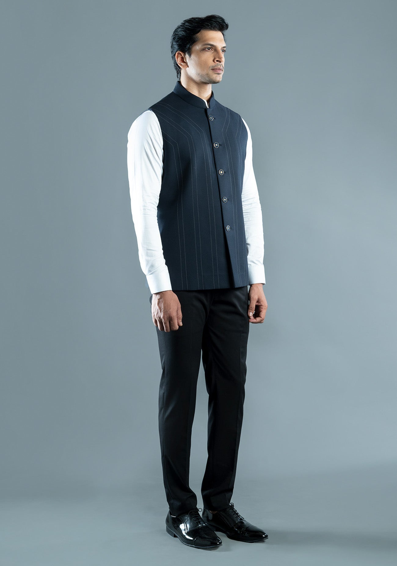 Navy Blue Textured Nehru Jacket
