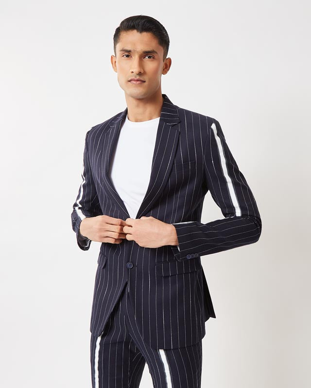 Navy Blue Hand Painted Striped Suit