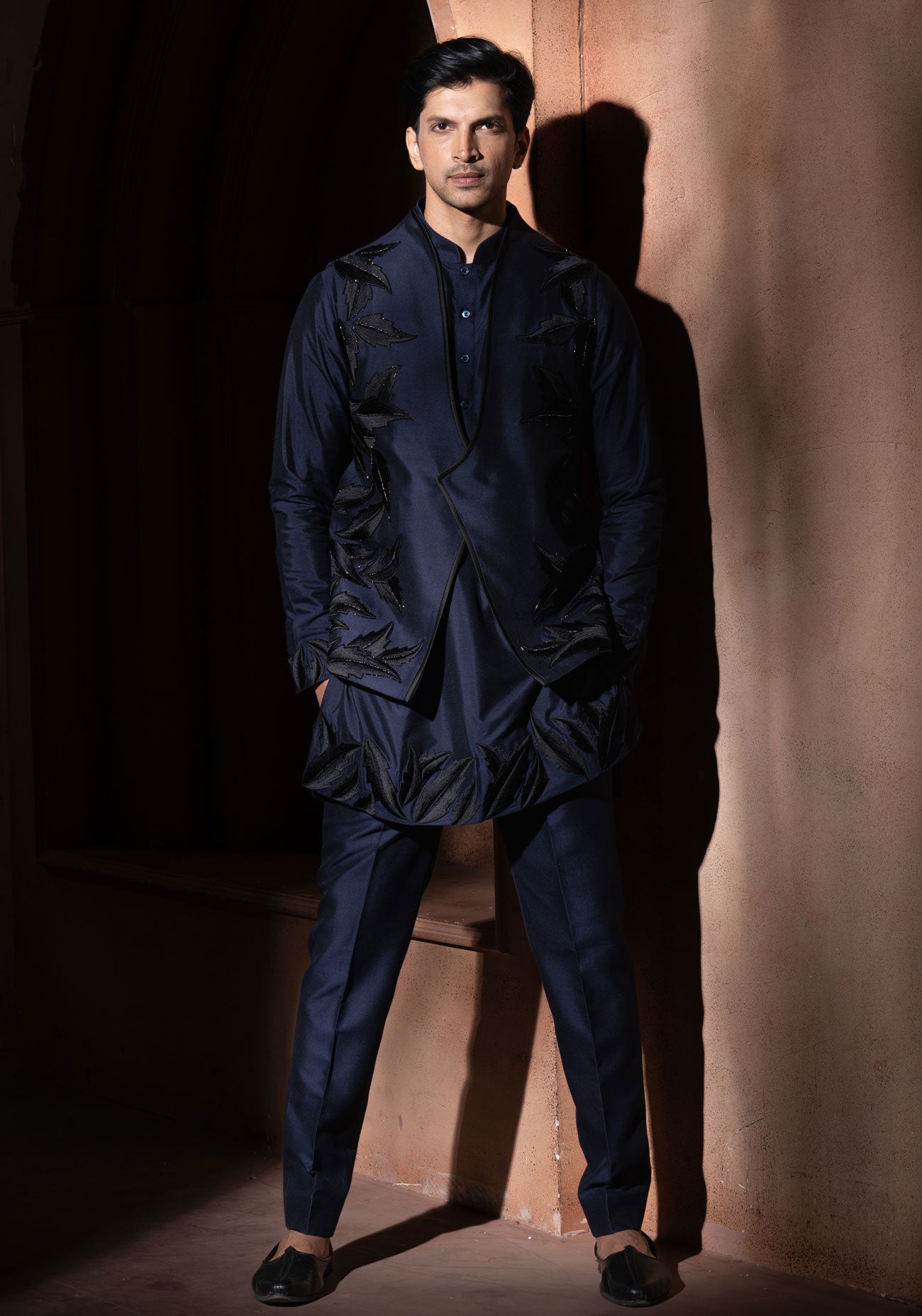 Navy Blue Leaf Embroidered Nehru Jacket Set