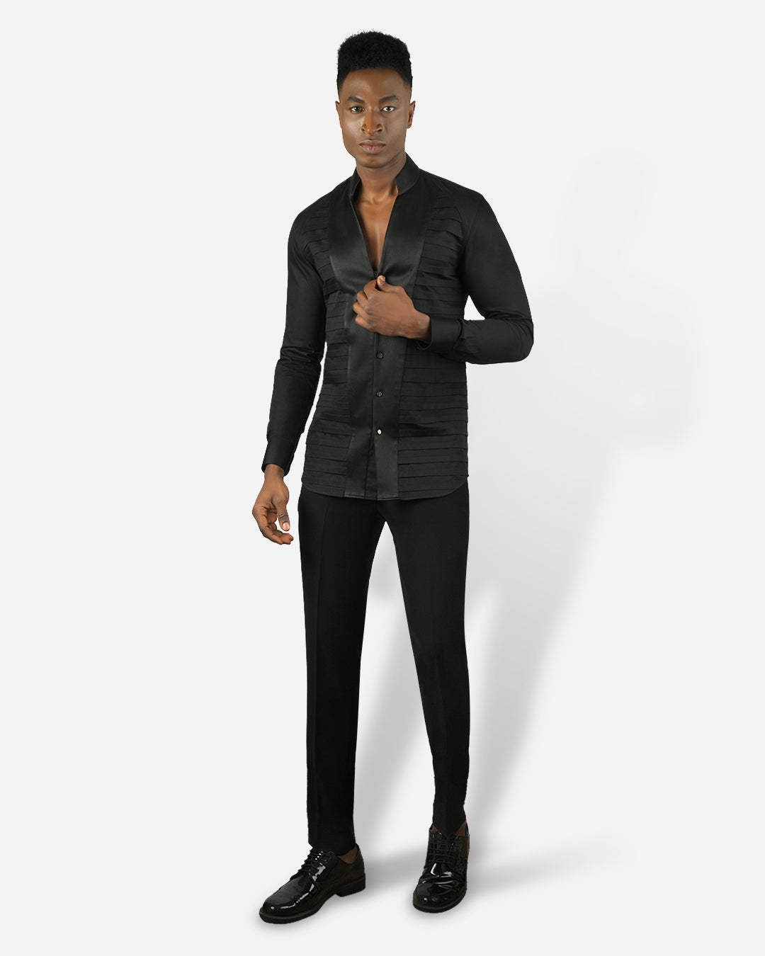 Black Satin Pleated Shirt