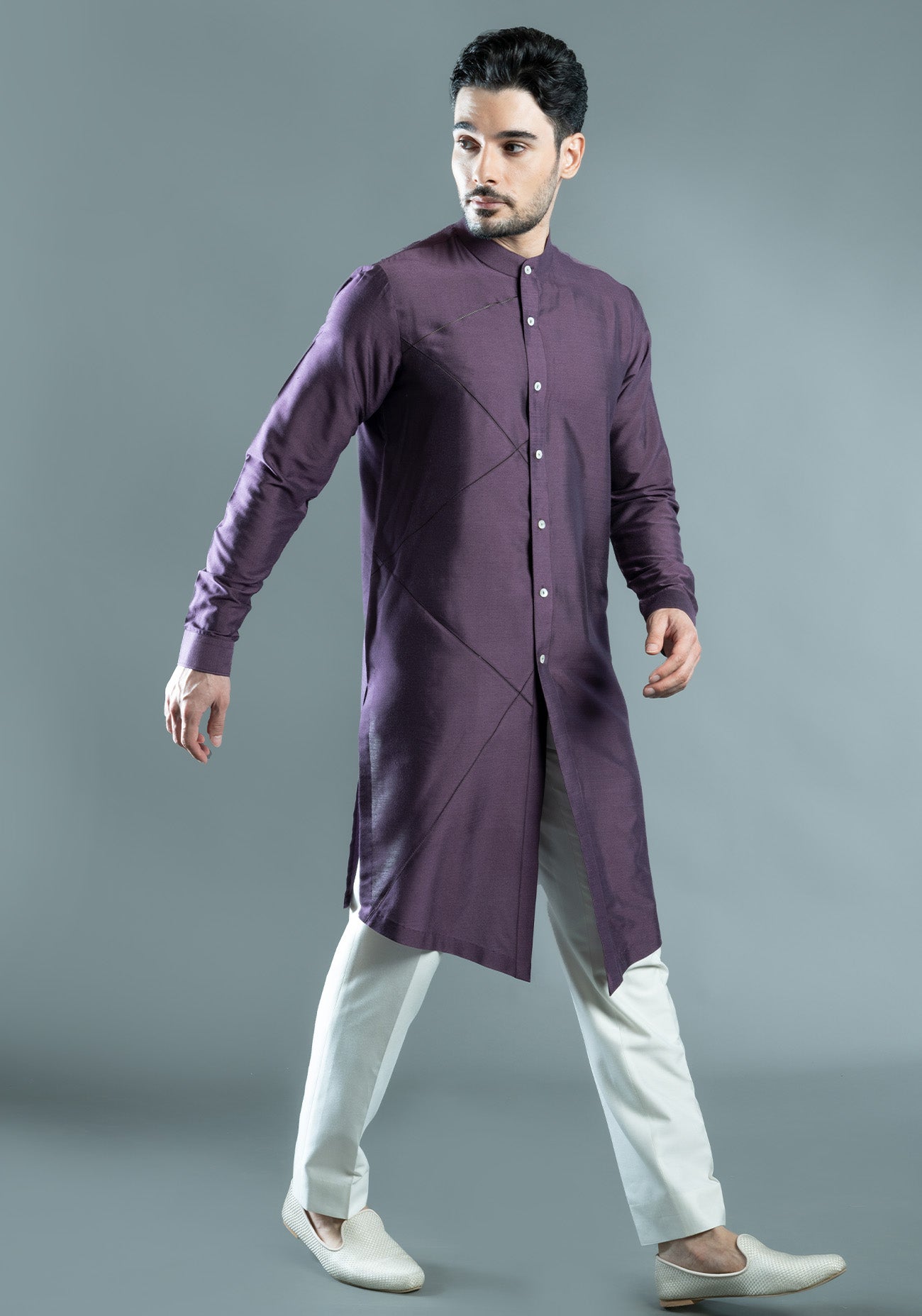 Purple Sherwani Cut Embroidered Kurta