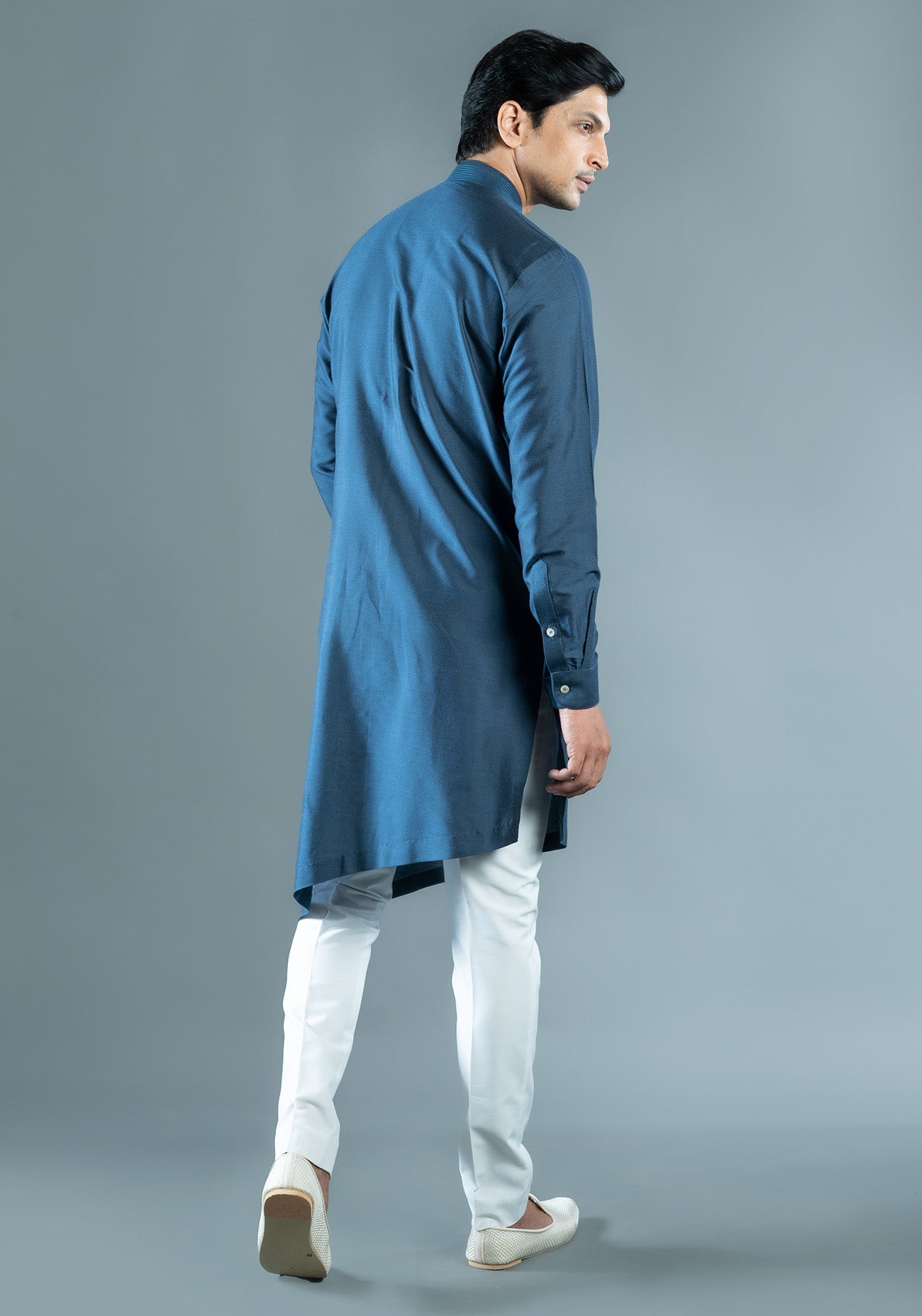 Navy Blue Asymmetric Embroidered Kurta
