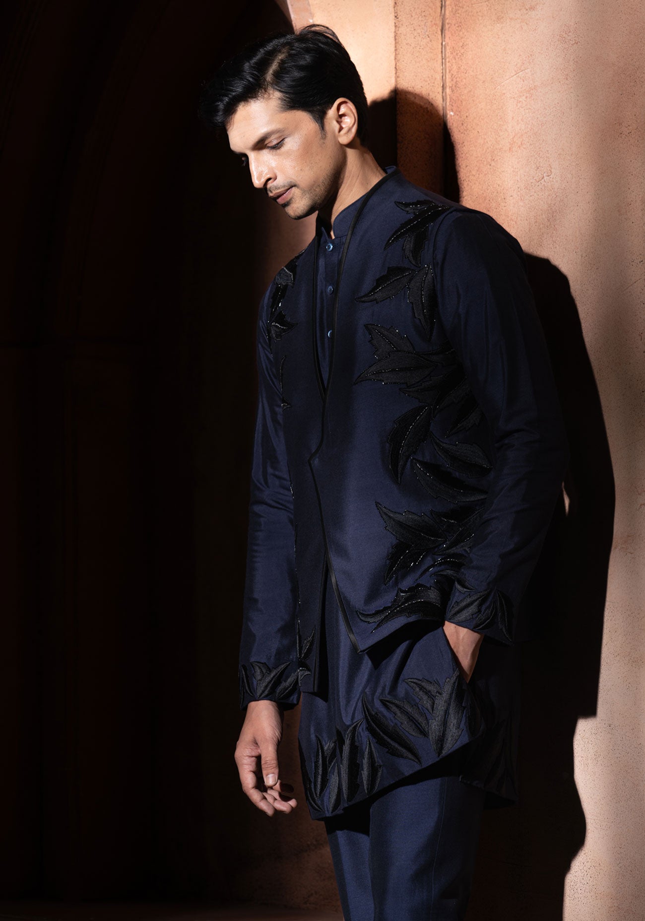 Navy Blue Leaf Embroidered Nehru Jacket Set