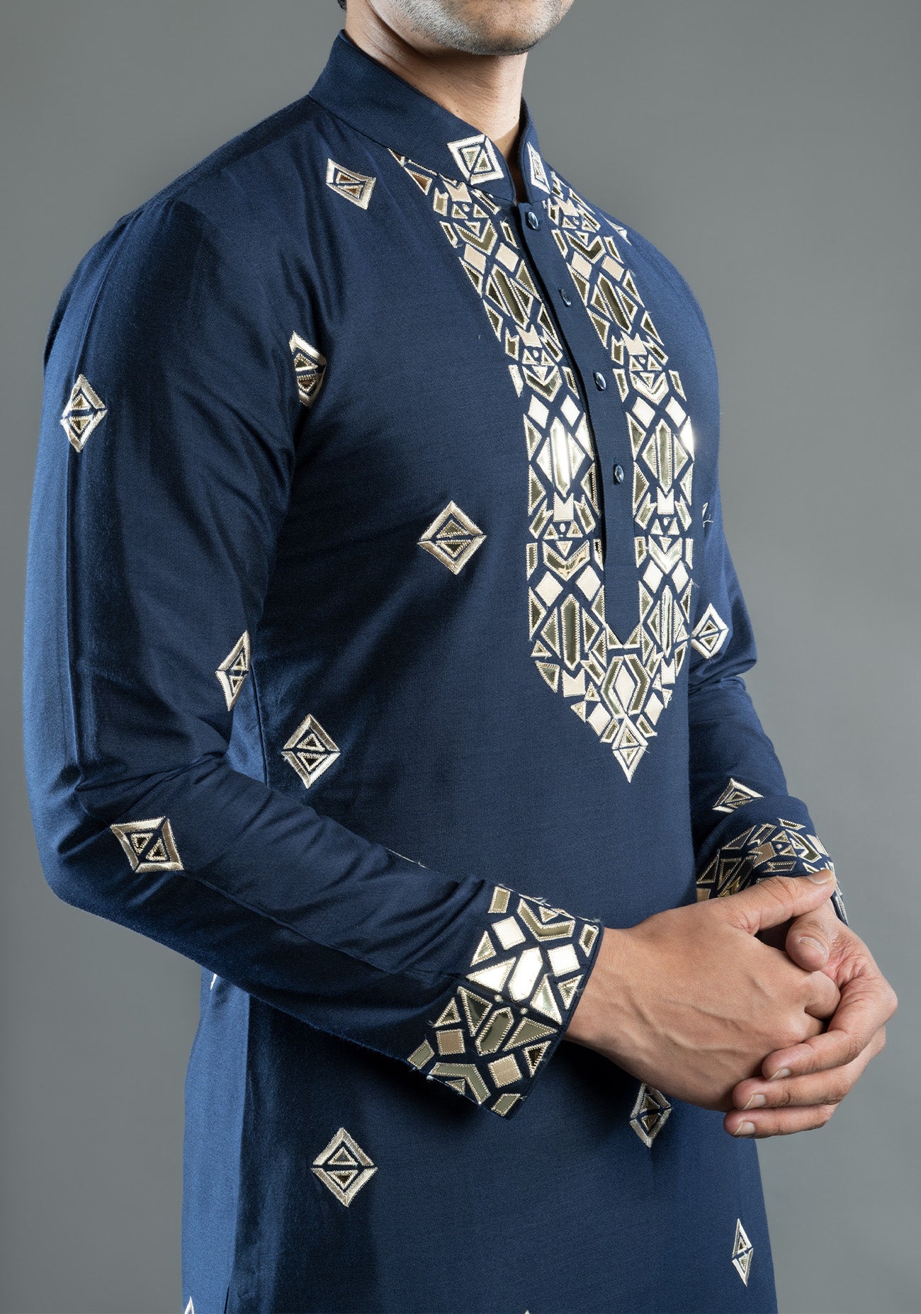 Navy Blue Foil Embroidered Kurta Set