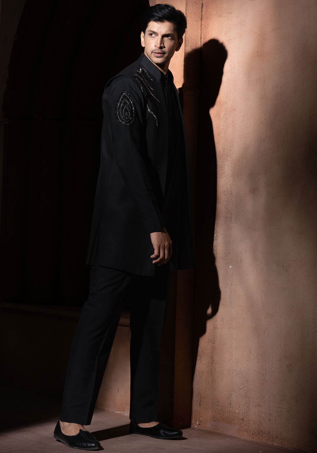 Black Nehru Jacket With Silver Embroidery Set