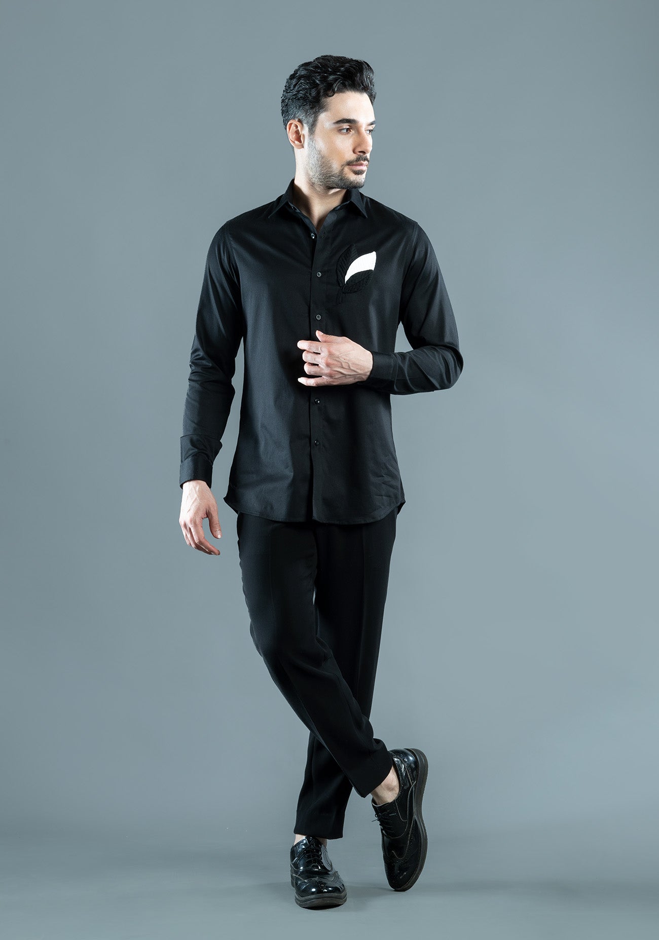 Black Cotton 3D Embroidery Shirt