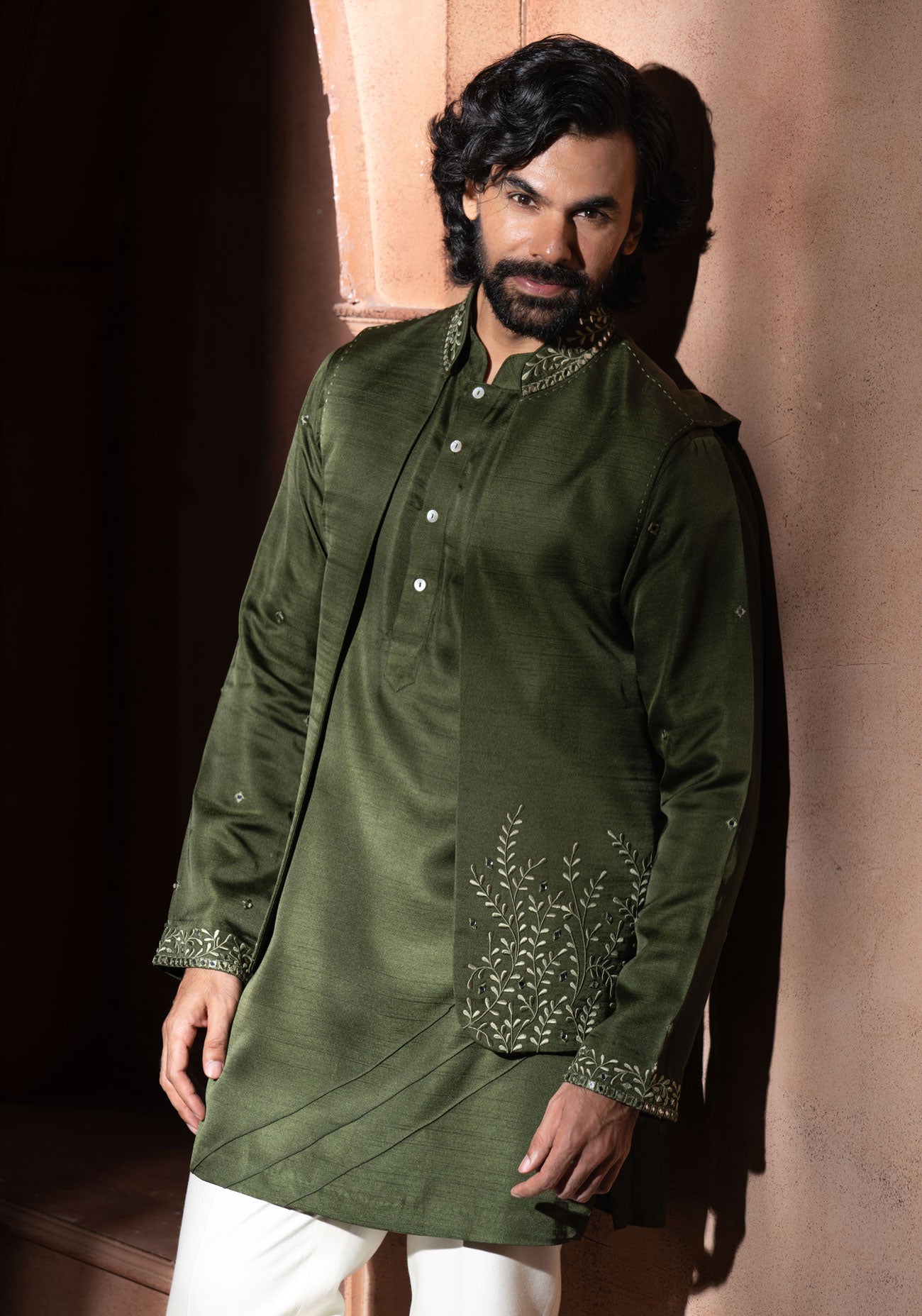Olive Green Embroidered Nehru Jacket Set