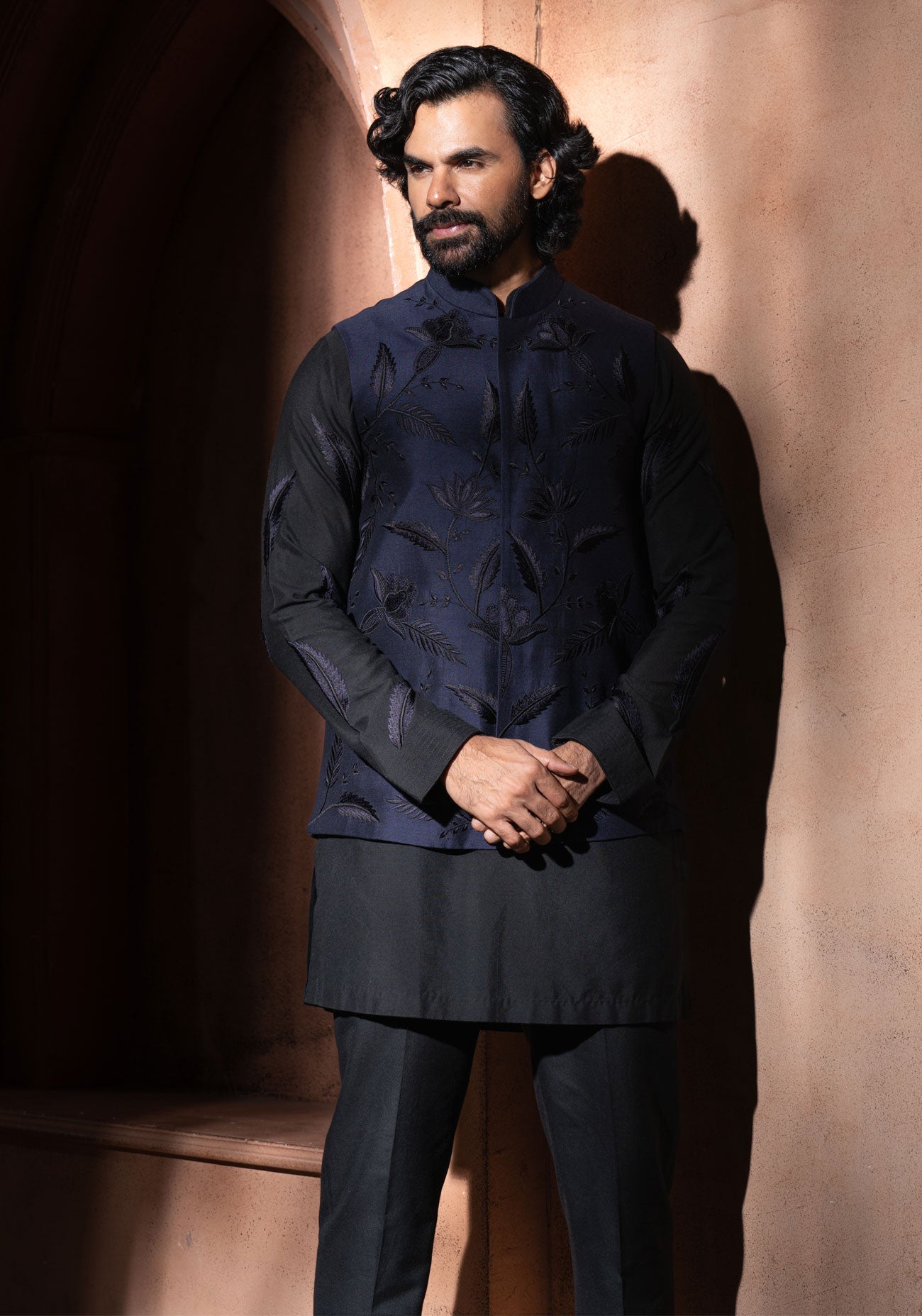 Navy Blue Black Leaf Embroidered Nehru Jacket & Kurta