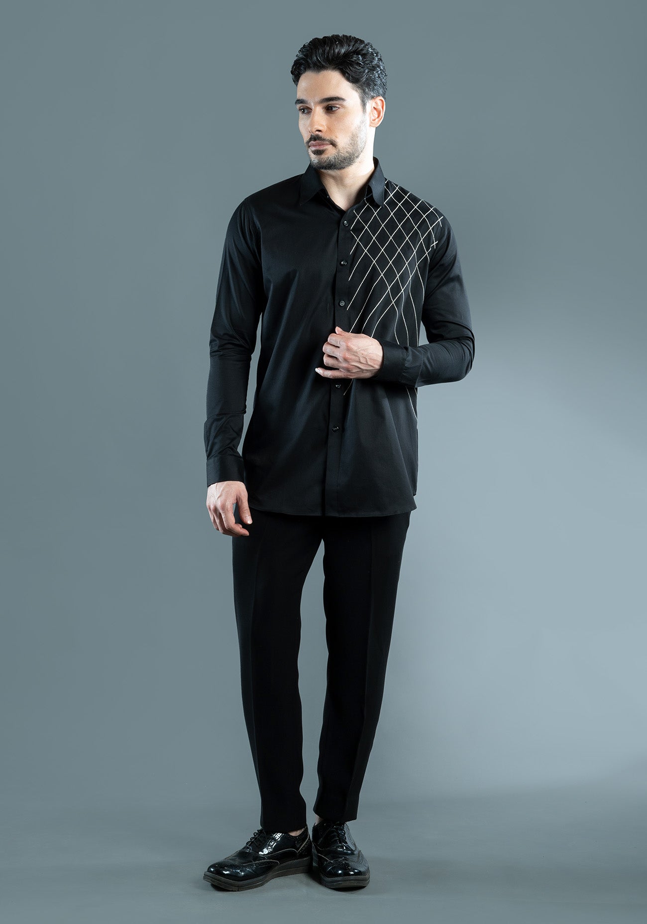 Black Cotton Criss Cross Embroidered Shirt