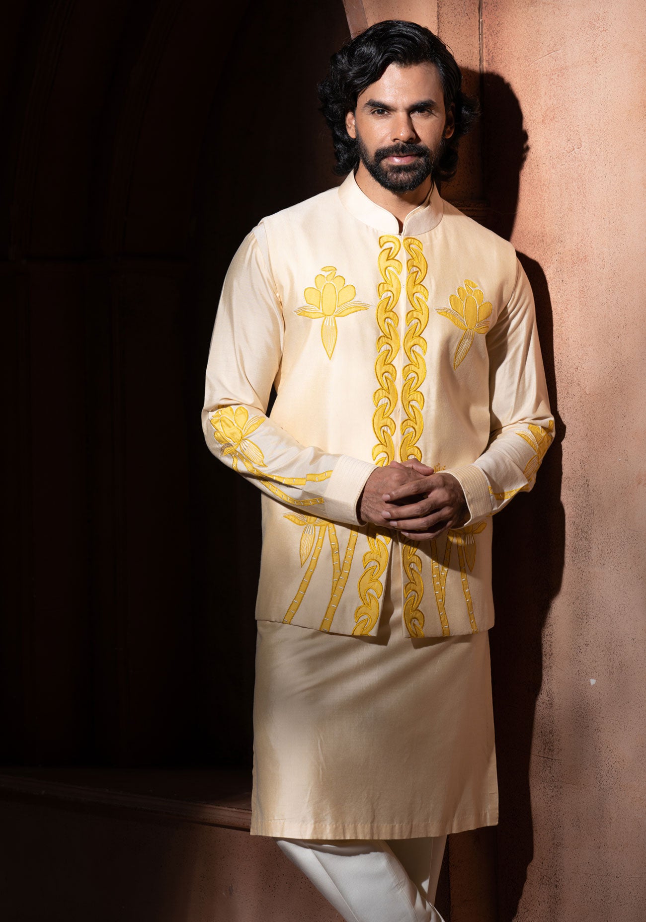 Beige & Yellow Embroidered Nehru Jacket Set