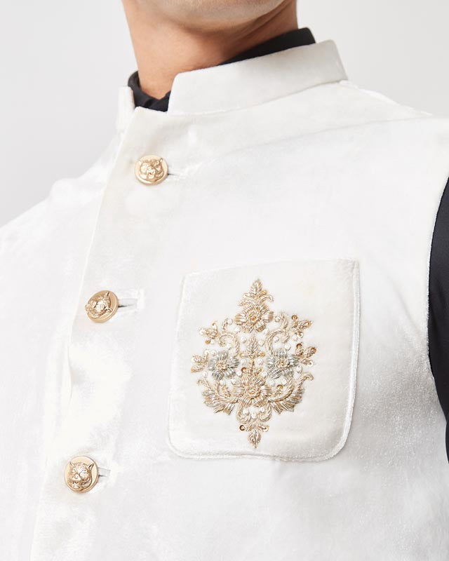 White Floral Embroidered Nehru Jacket
