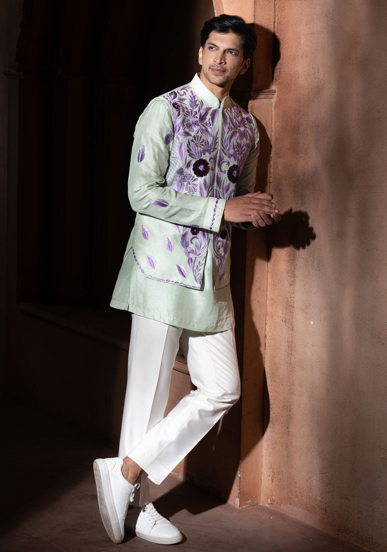 Mint Green Embroidered Nehru Jacket Set