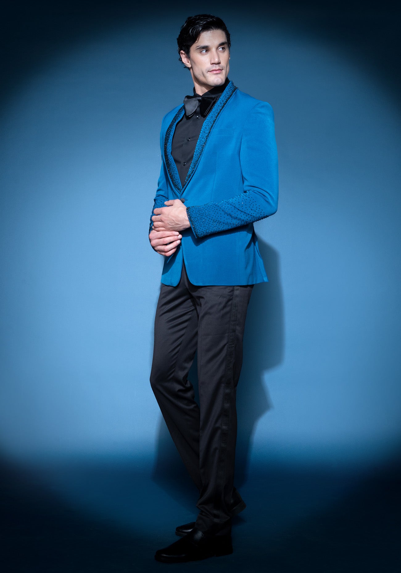 Cobalt blue sequin embroidered tuxedo
