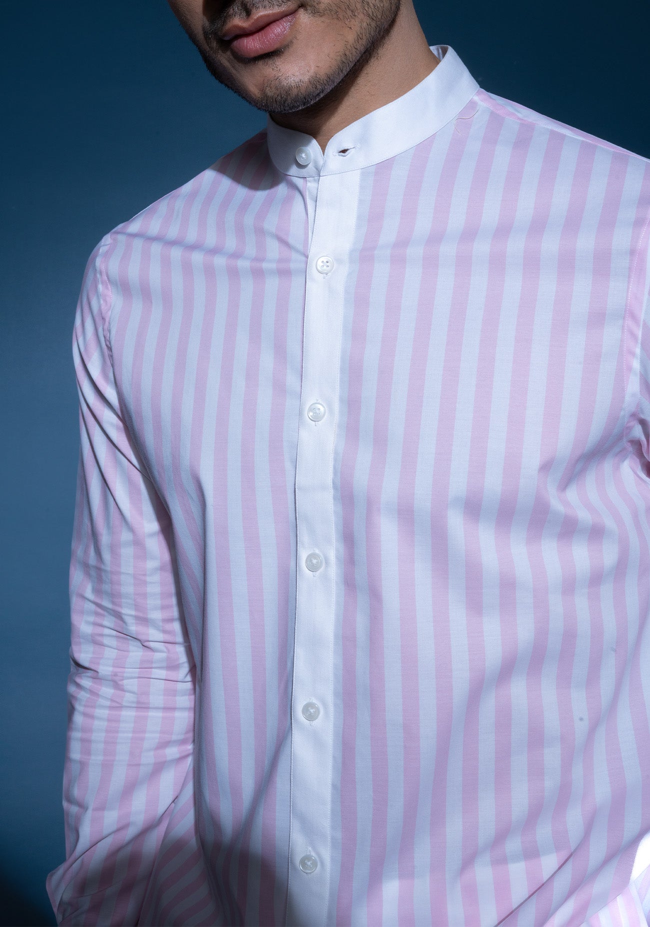 Pink & white striped mandarin collar shirt