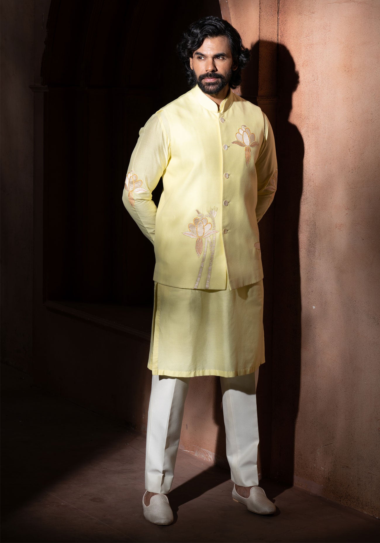 Yellow Floral Embroidered Nehru Jacket Set