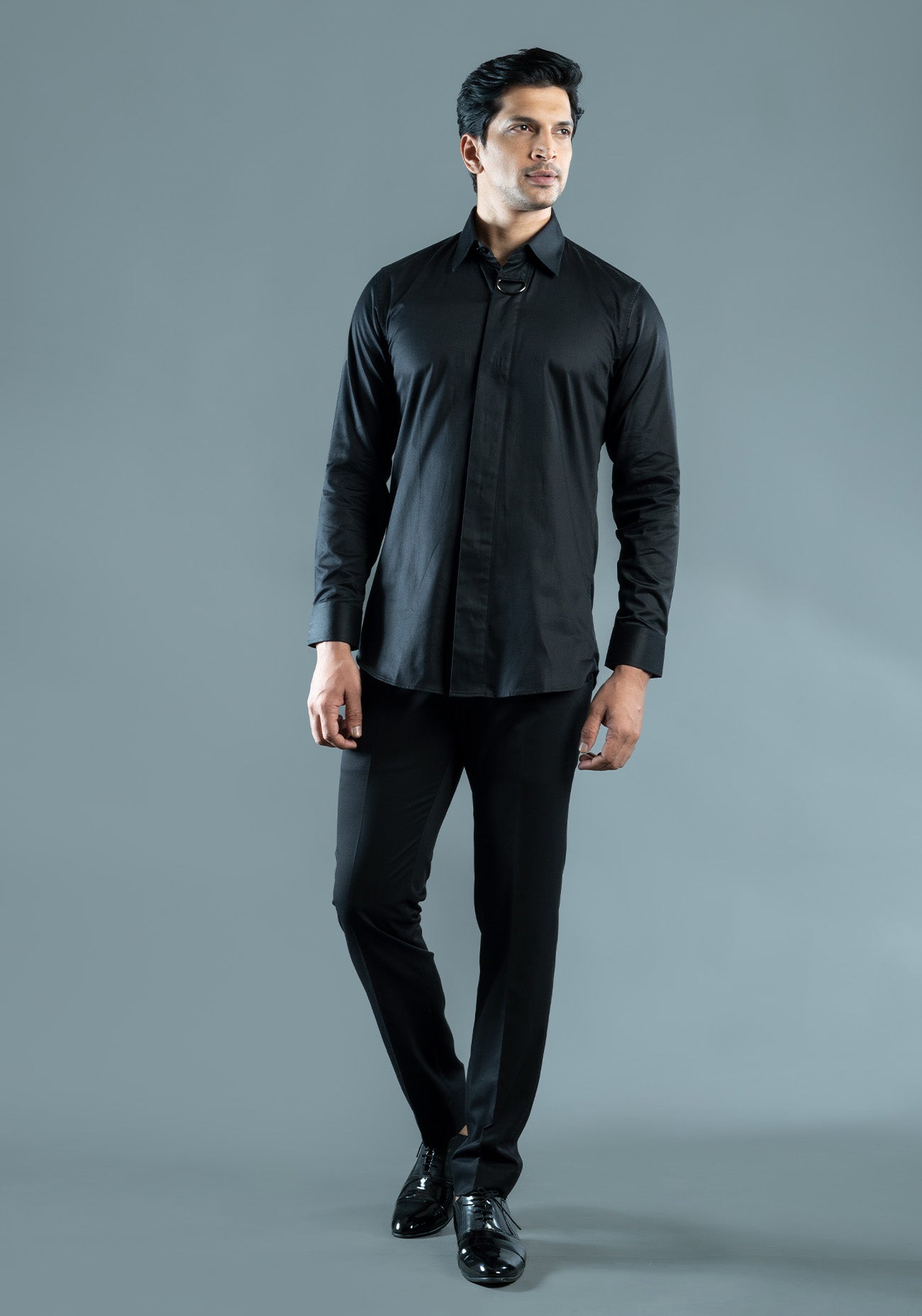 Black cotton shirt with buckle detailing