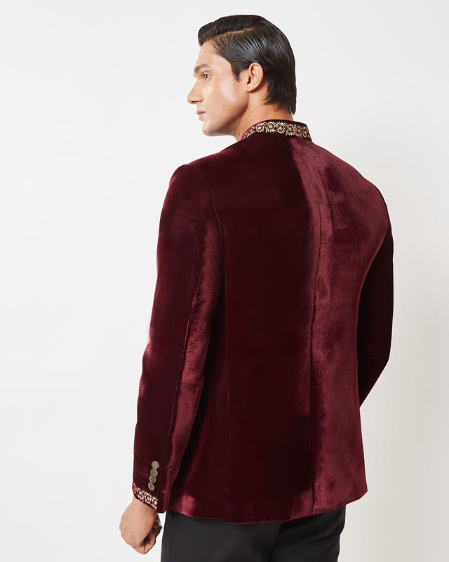 Maroon Velvet Gold Zari Embroidered Bandhgala