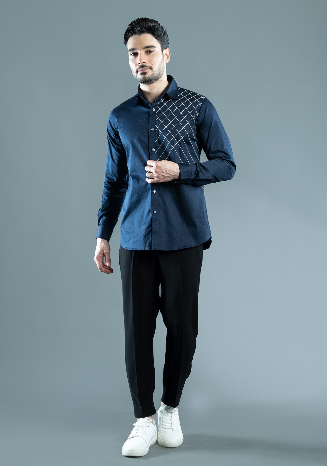 Navy Blue Cotton Criss Cross Embroidered Shirt