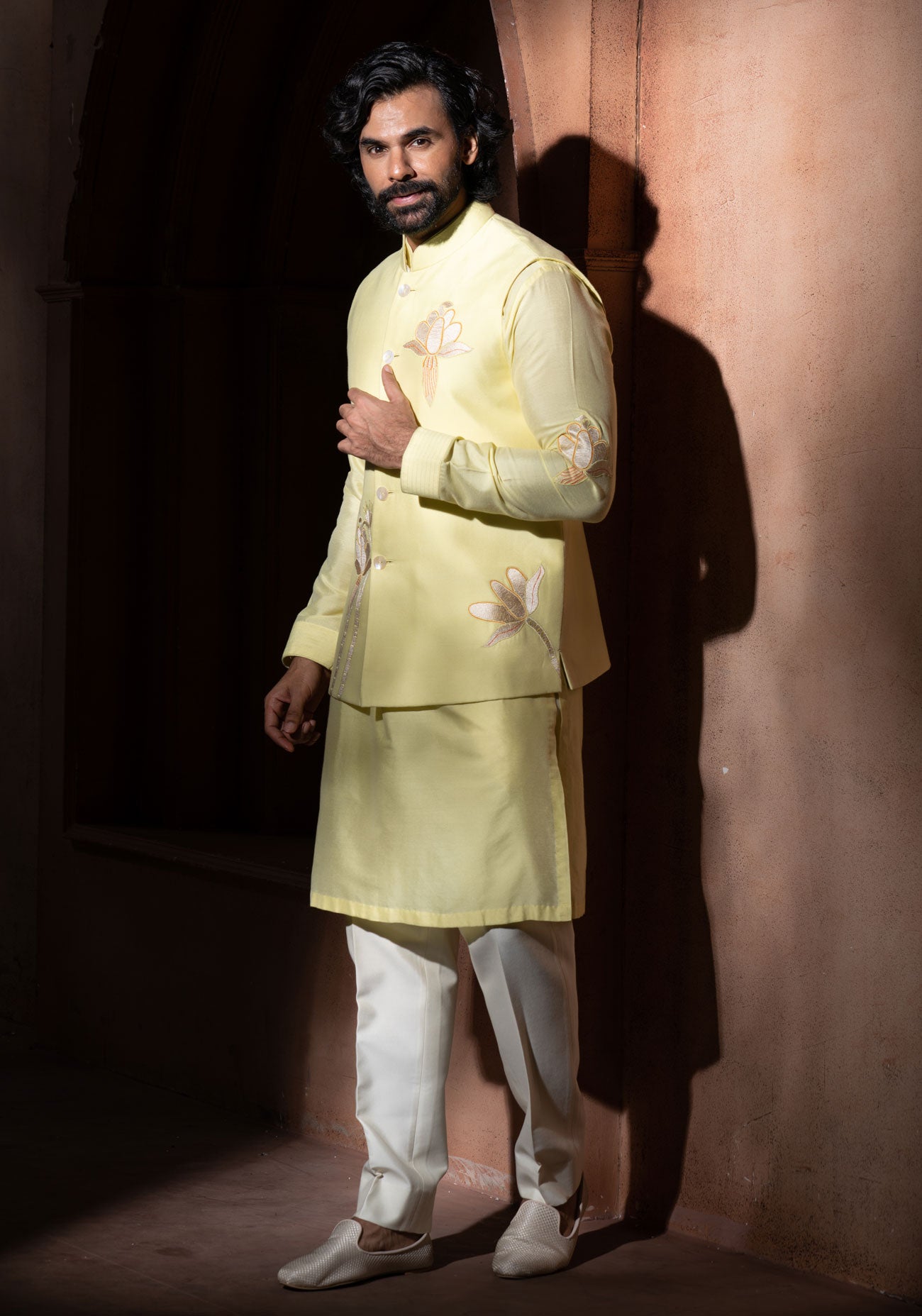 Yellow Floral Embroidered Nehru Jacket Set