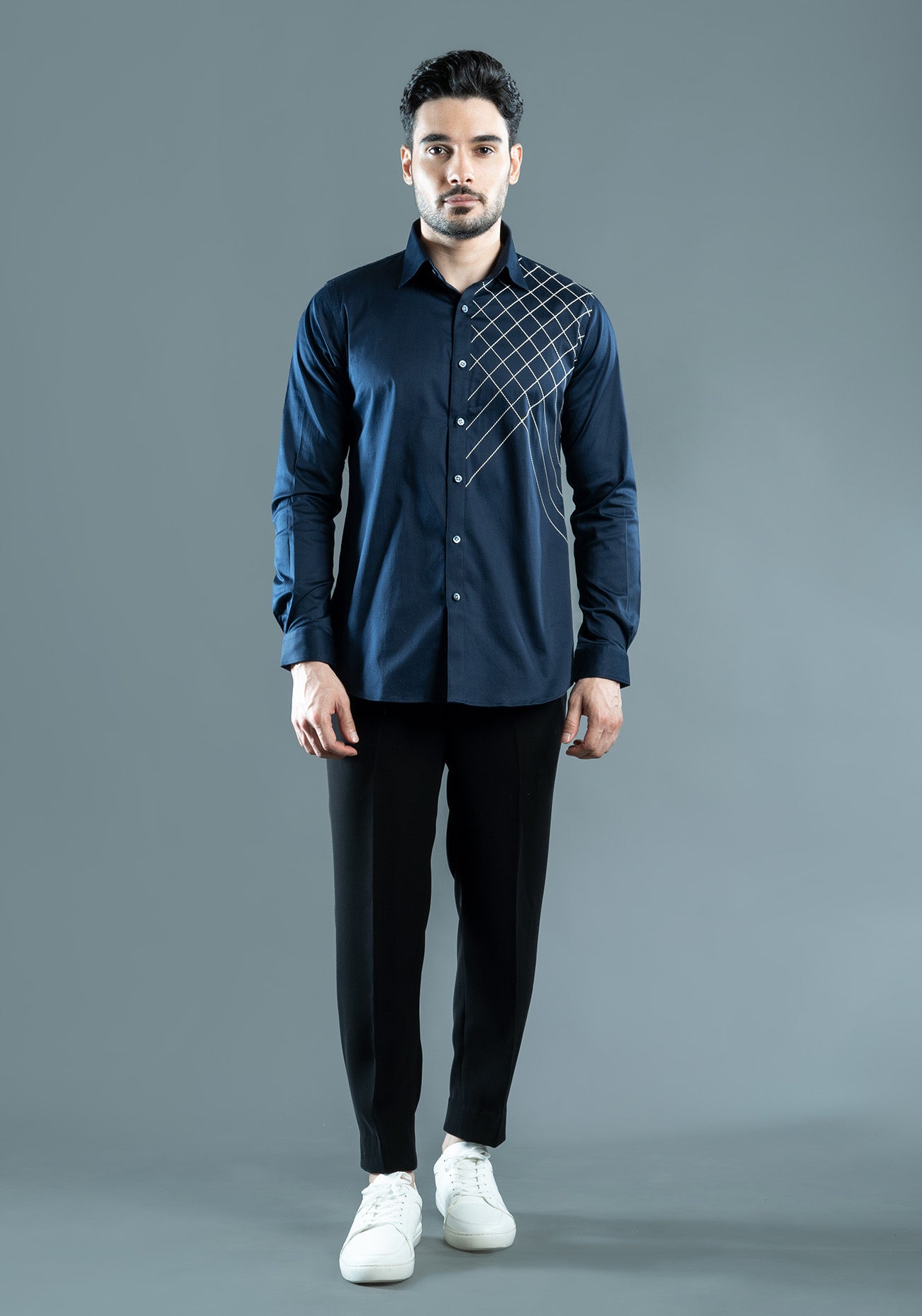 Navy Blue Cotton Criss Cross Embroidered Shirt