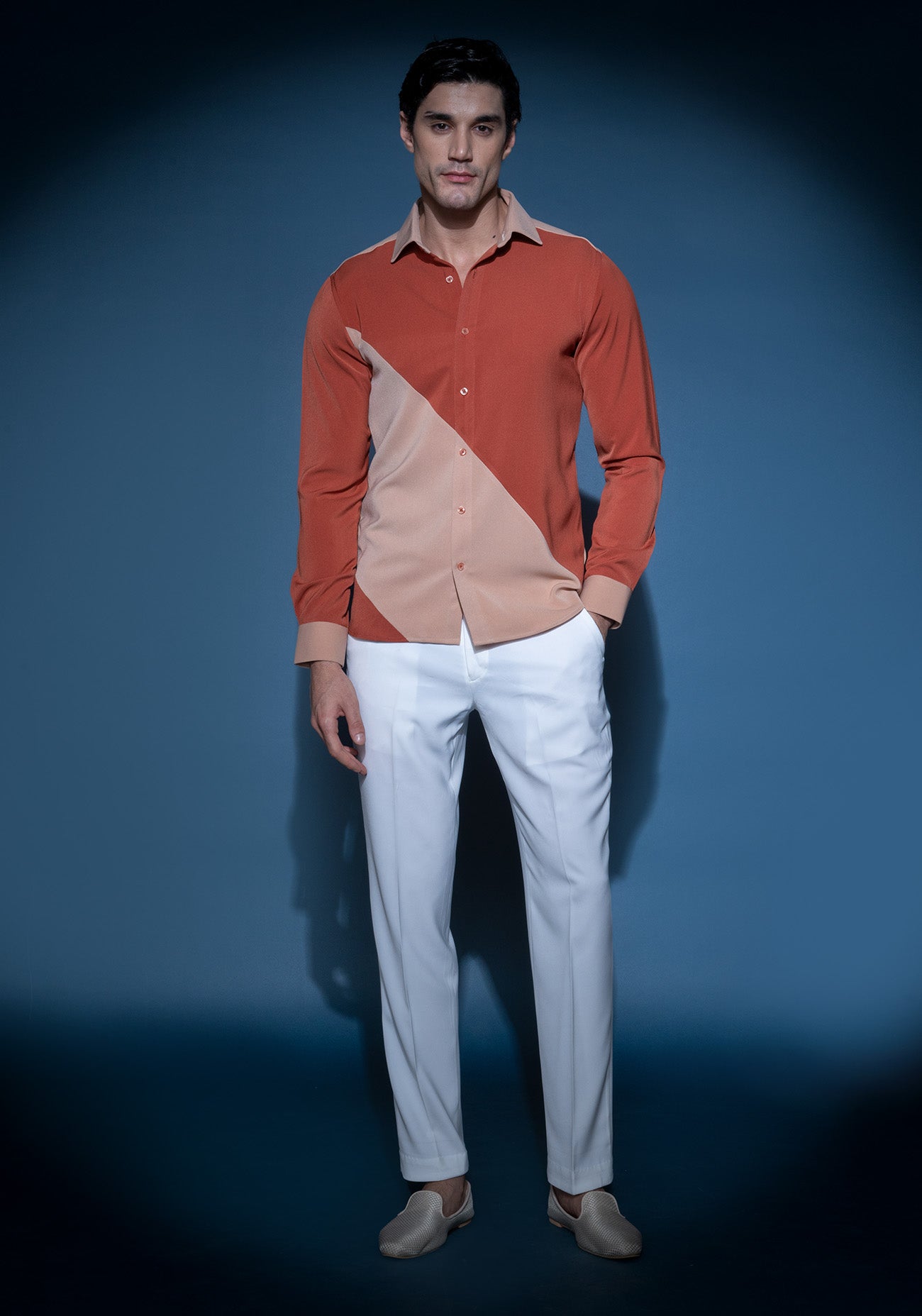 Burnt orange & Taupe color block shirt