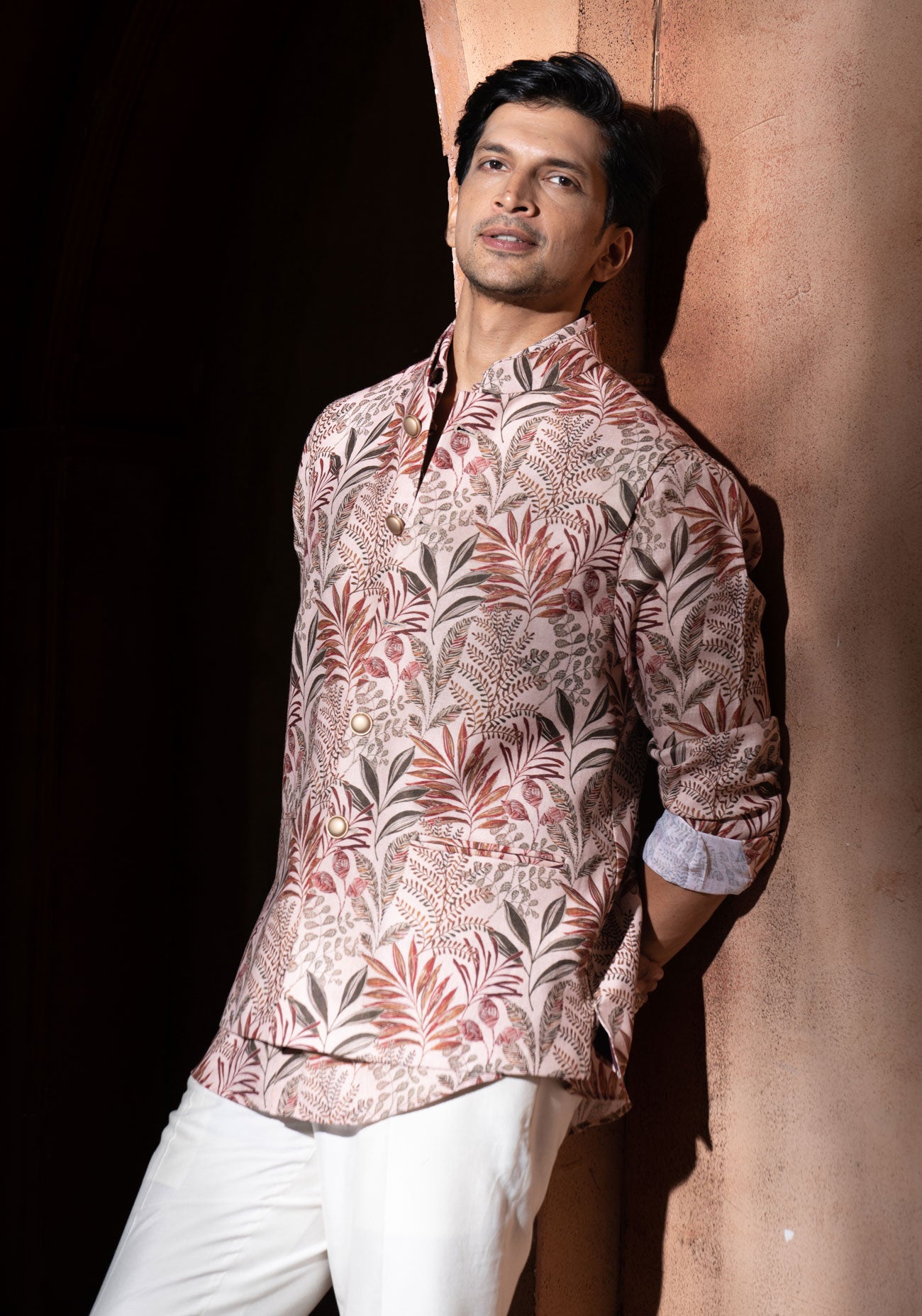 Beige Floral Print Nehru Jacket