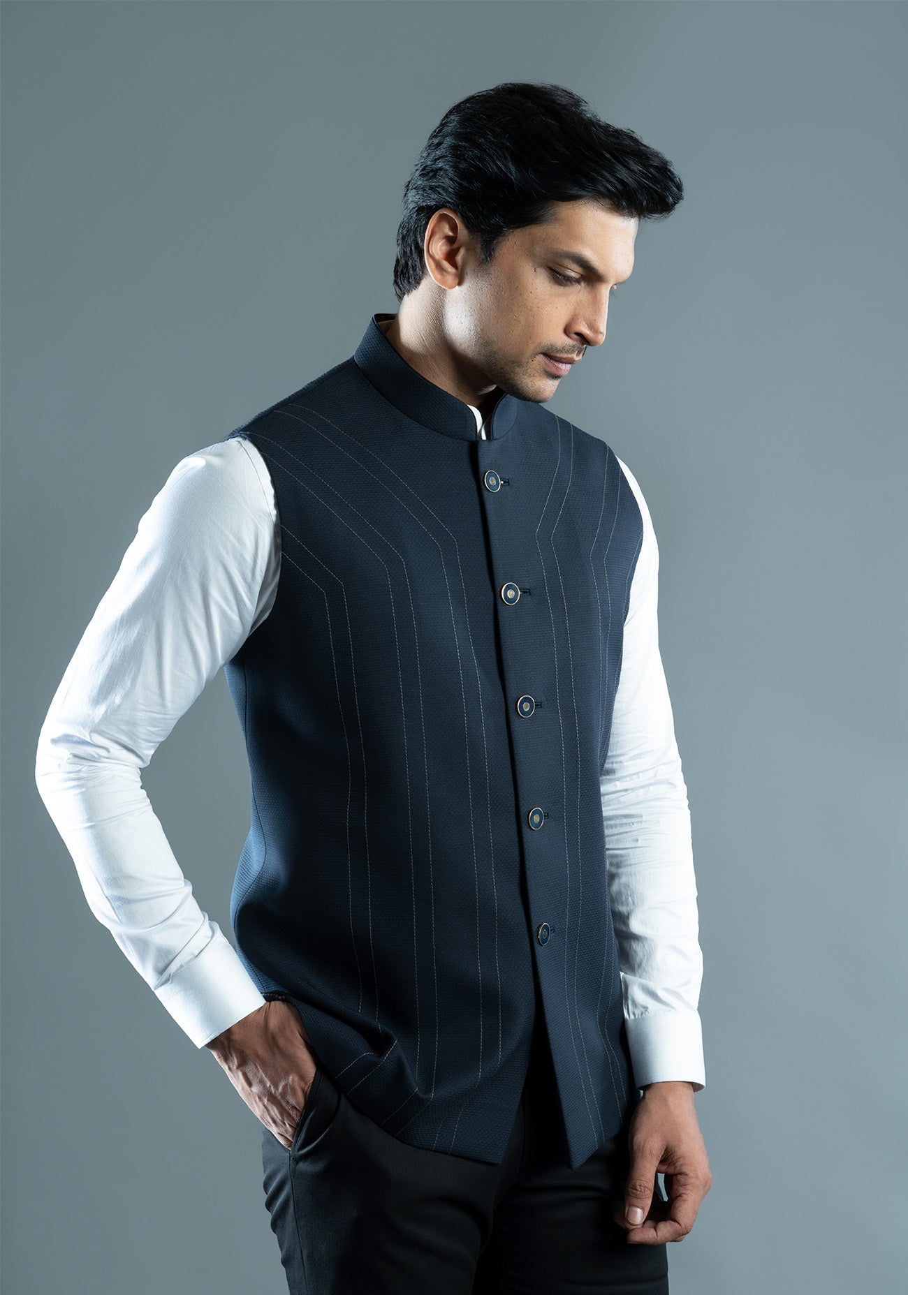 Navy Blue Textured Nehru Jacket