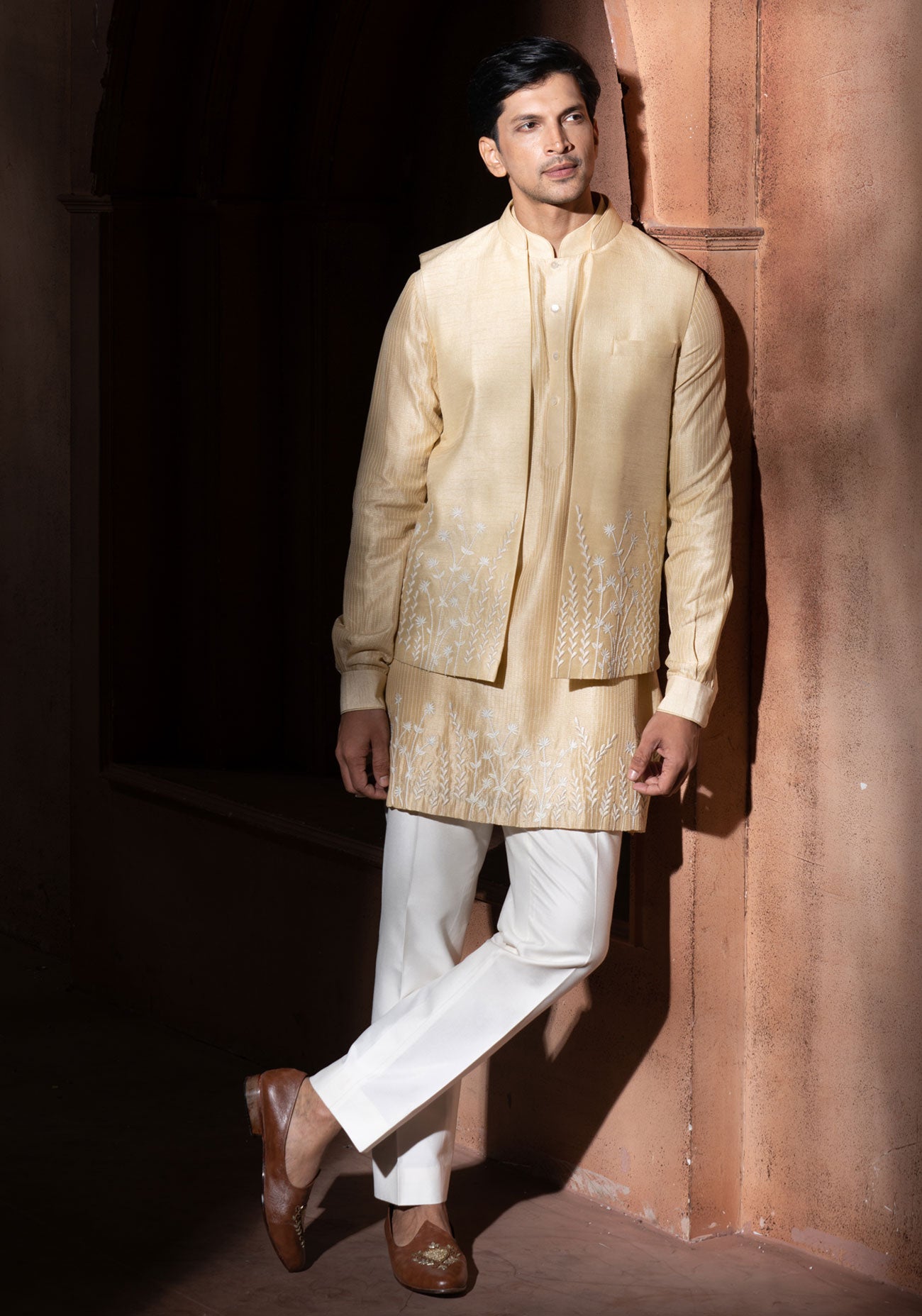 Beige Silk Embroidered Nehru Jacket Set