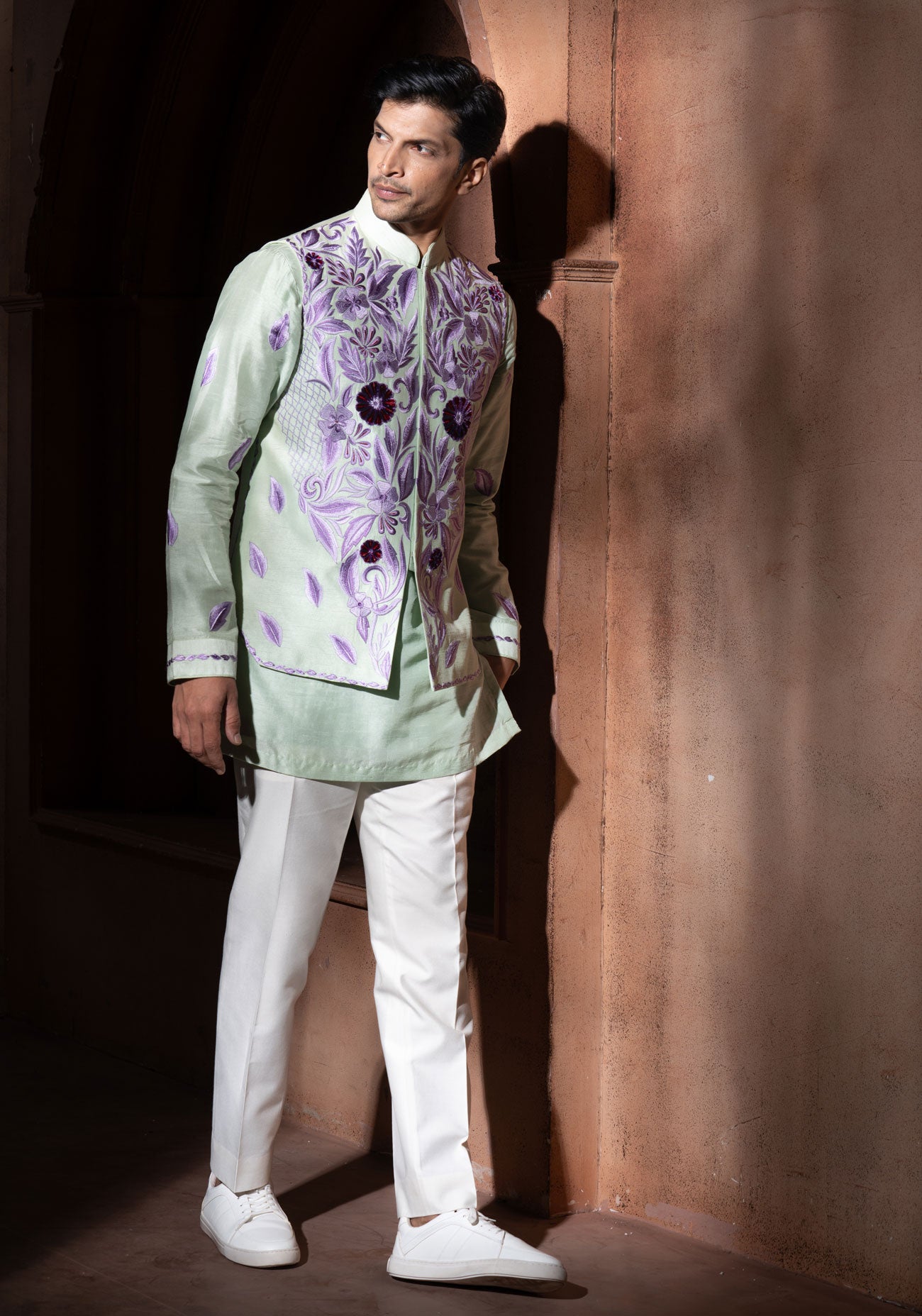 Mint Green Embroidered Nehru Jacket Set