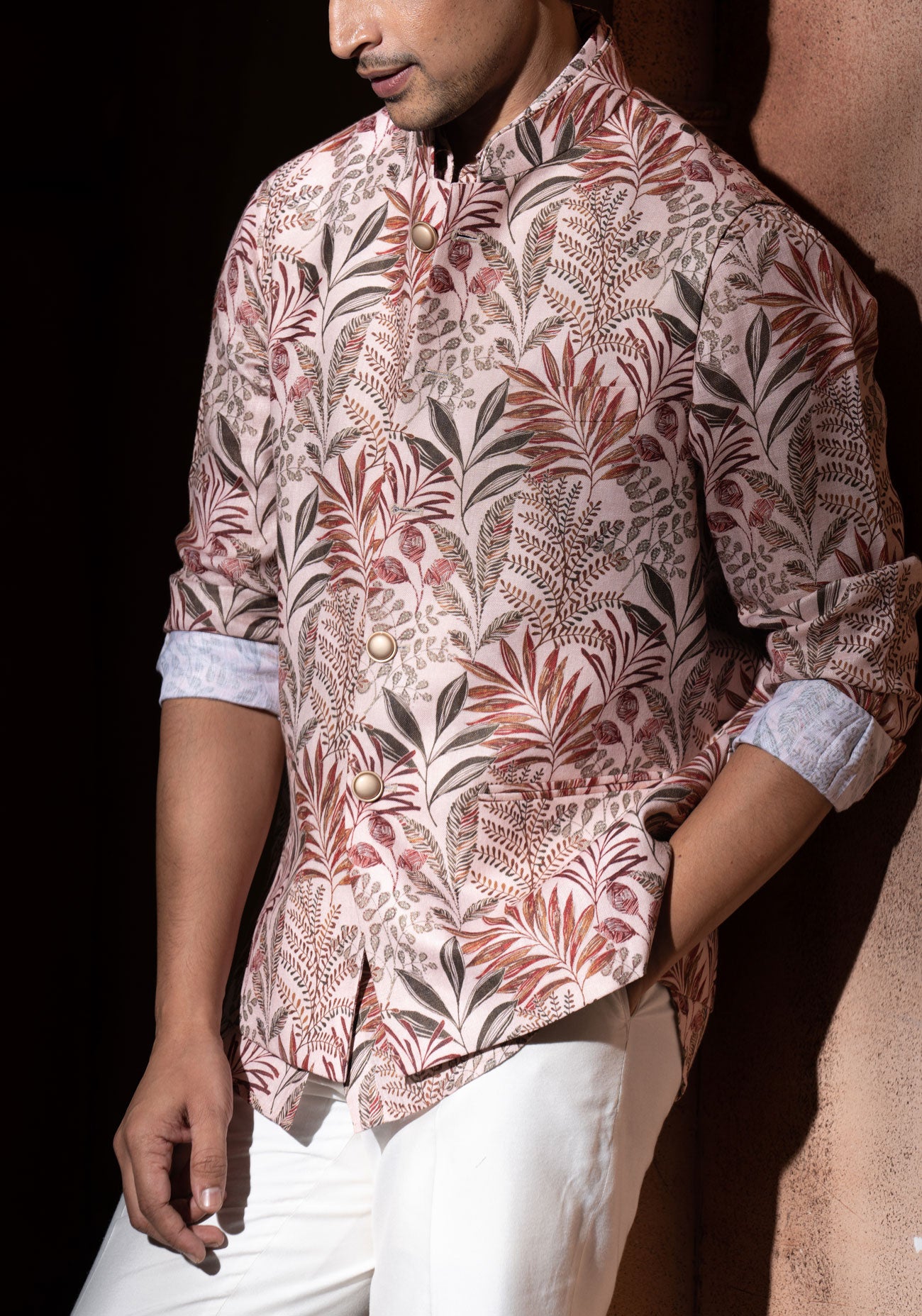 Beige Floral Print Nehru Jacket