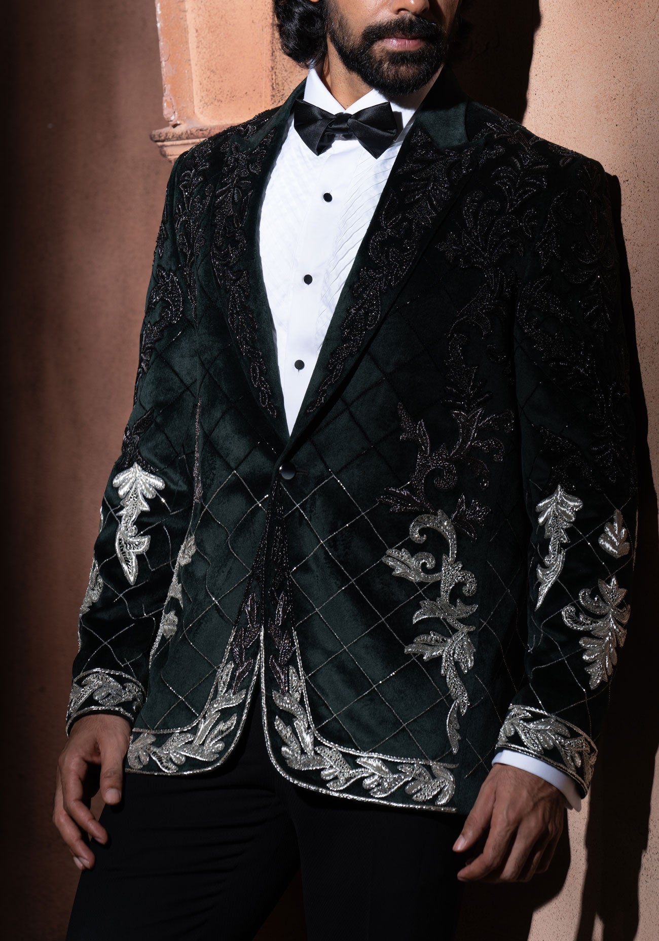 Bottle Green Velvet Embroidered Tuxedo