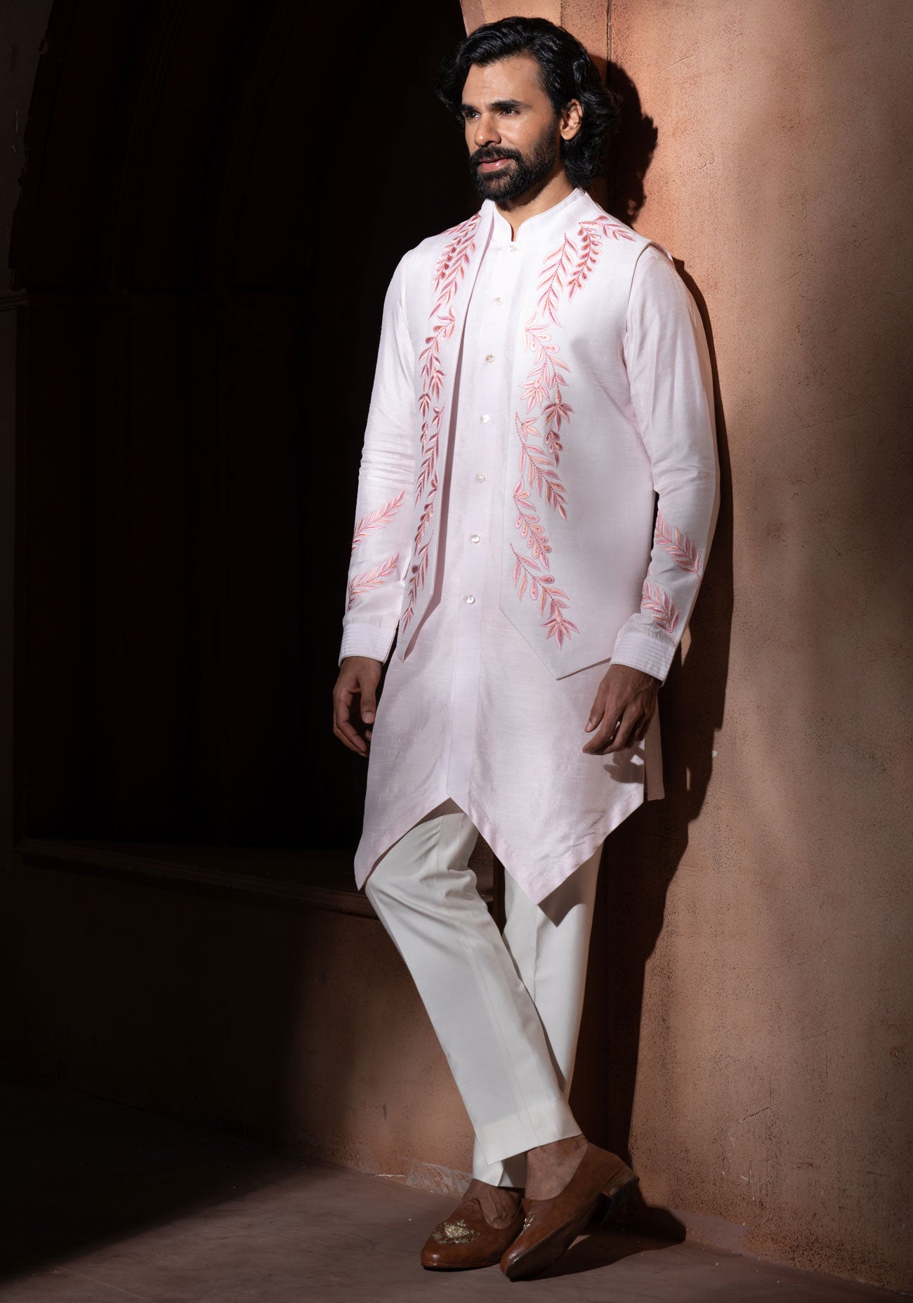Baby Pink Embroidered Nehru Jacket Set