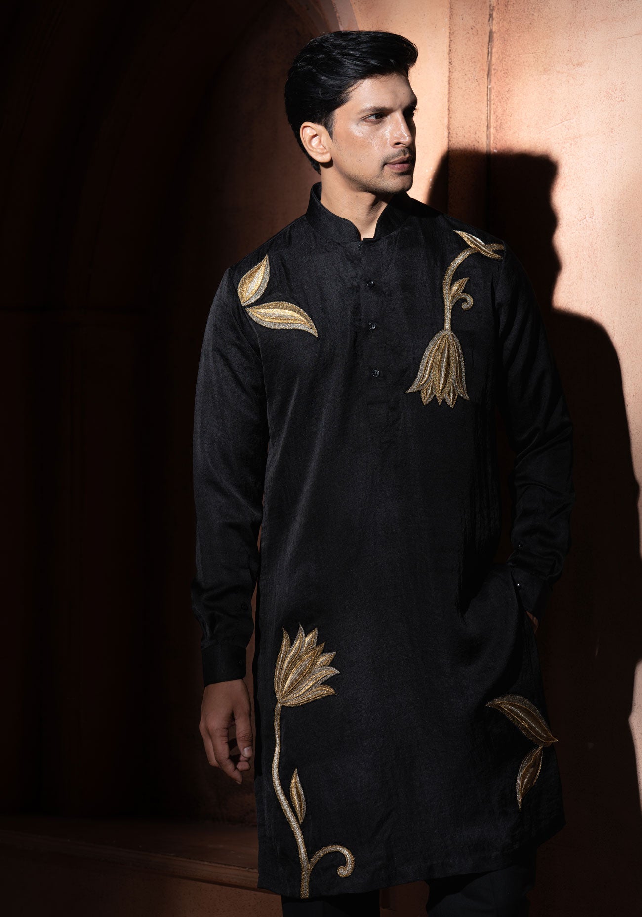 Black & Gold 3D Embroidered Kurta Set