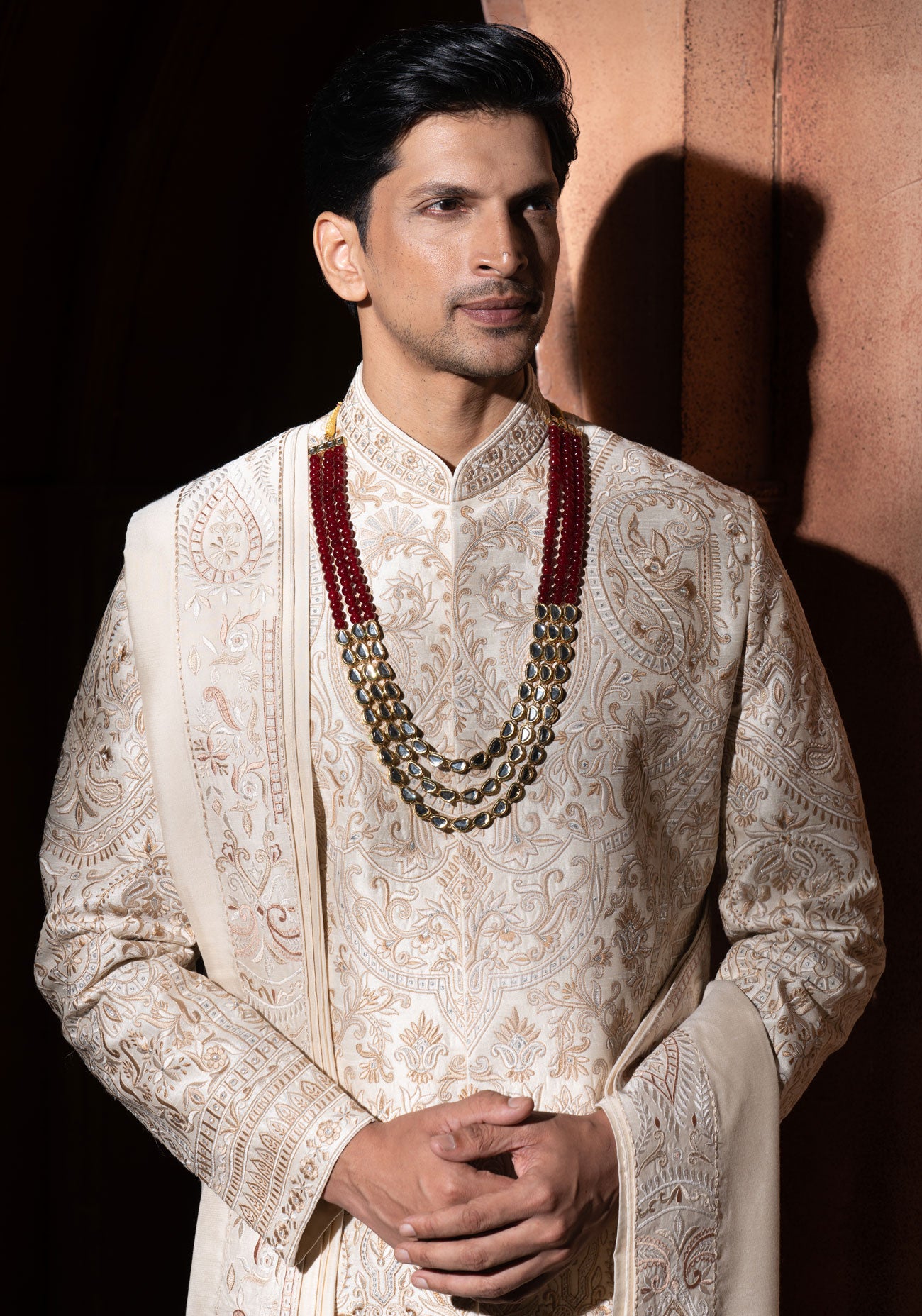 Beige Embroidered Sherwani