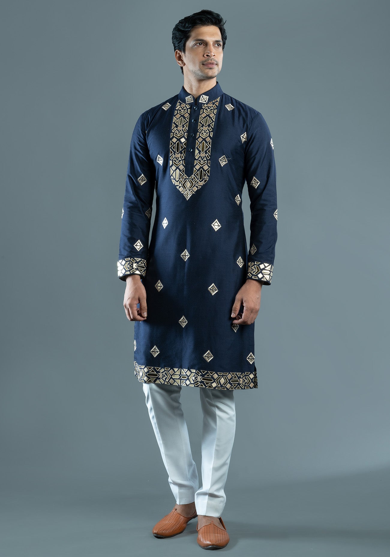 Navy Blue Foil Embroidered Kurta Set