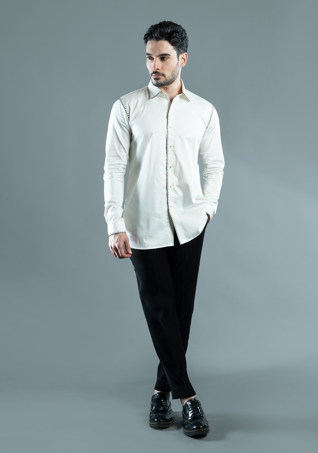 White Cotton Blanket Stitch Shirt